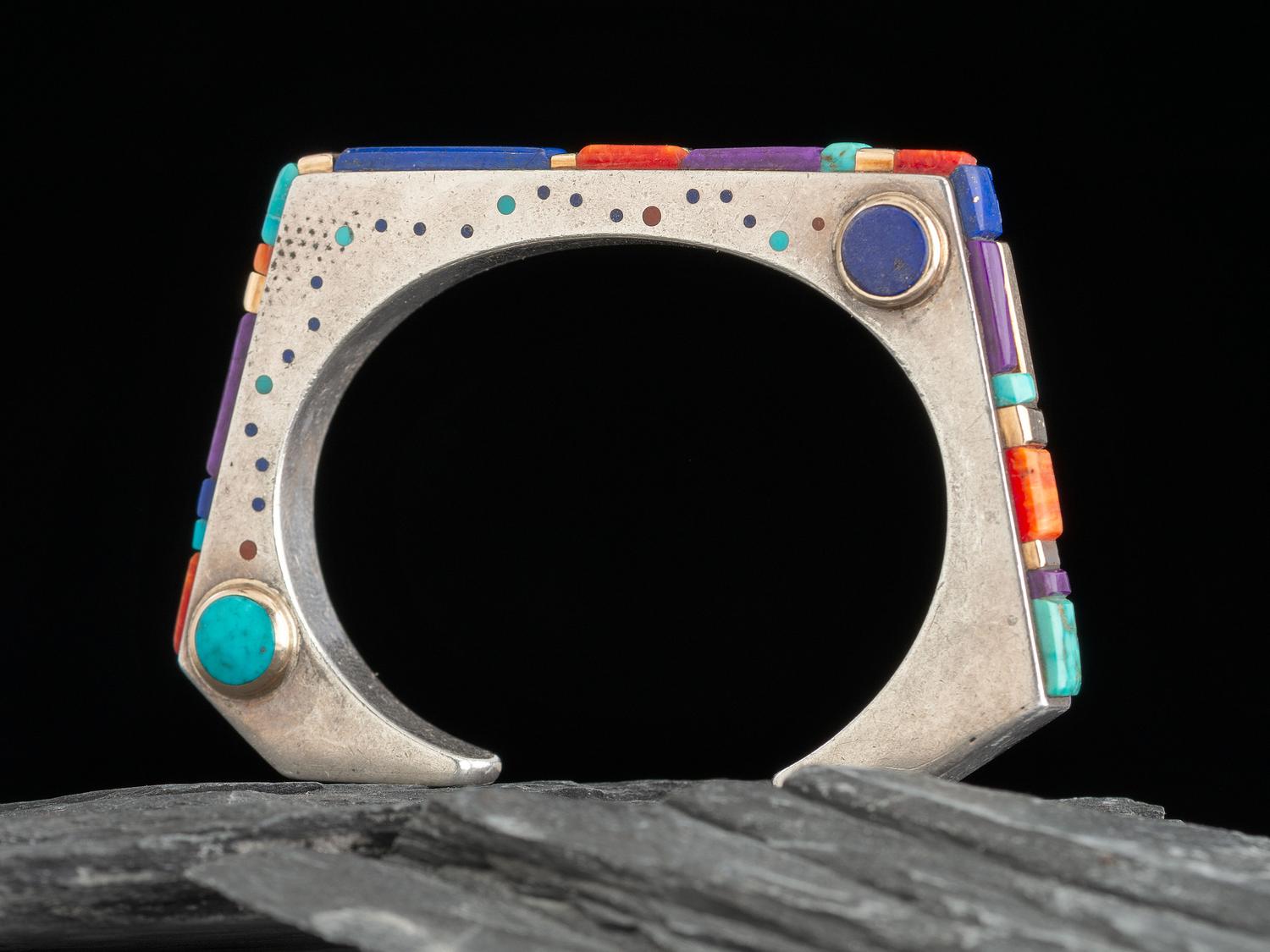 Inlaid Sterling Silver Angular Cuff Bracelet, with 14K Gold Accents
