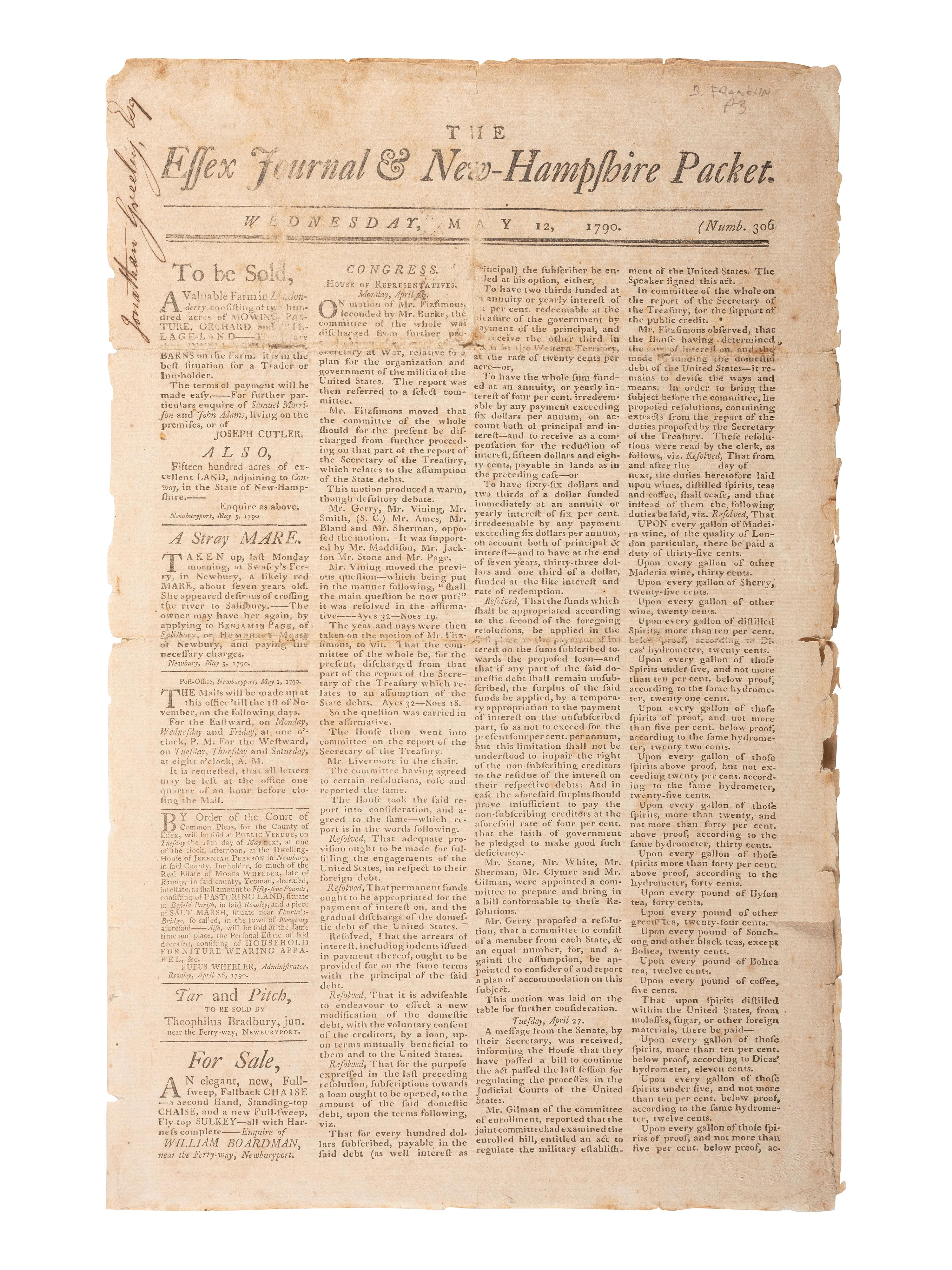 [FRANKLIN, Benjamin (1706-1790)]. Essex Journal & New Hampshire Packet . No. 306. Newburyport, MA: John Mycall, 12 May 1790.