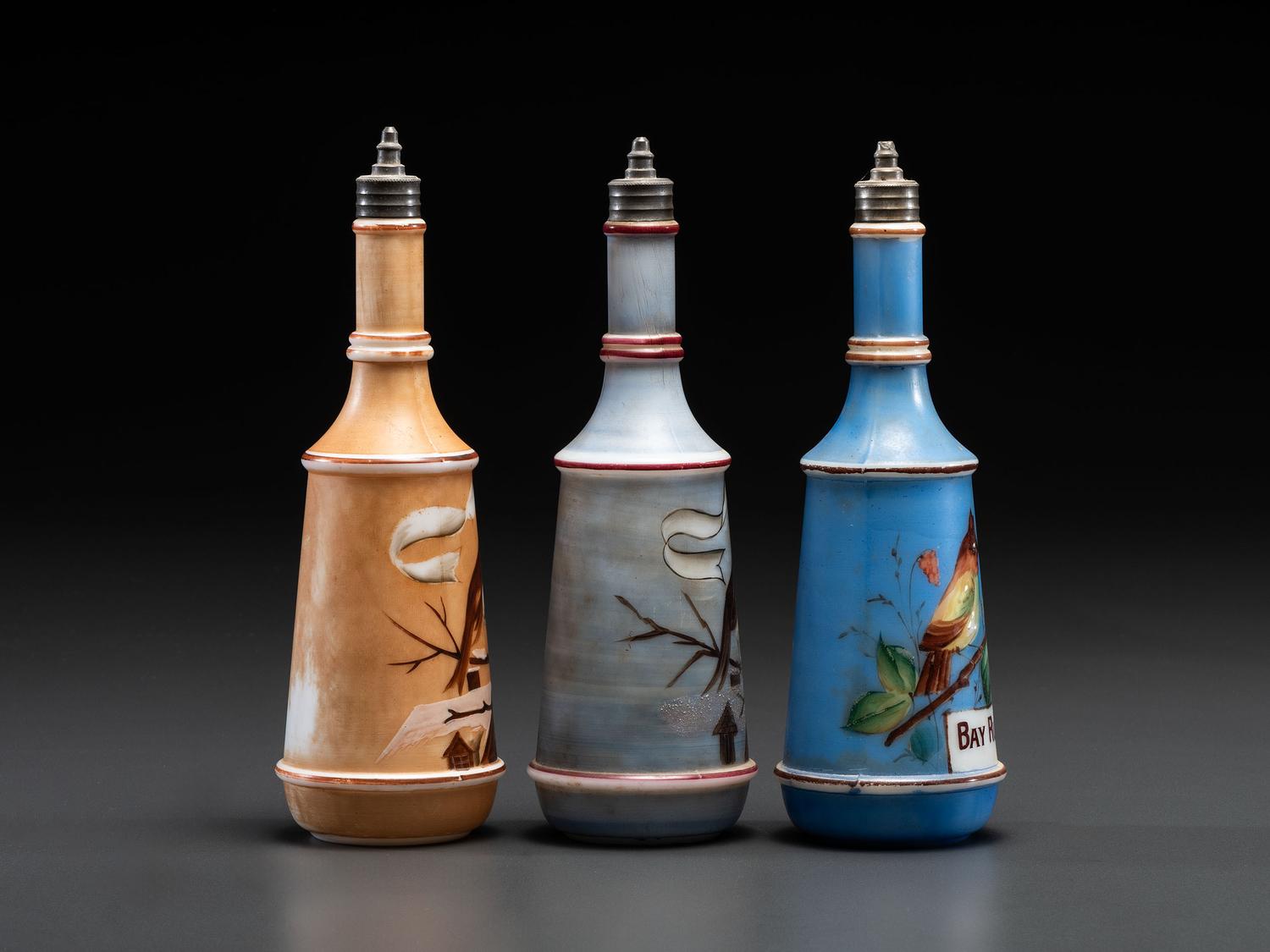 Three Paint Decorated Barber Bottles