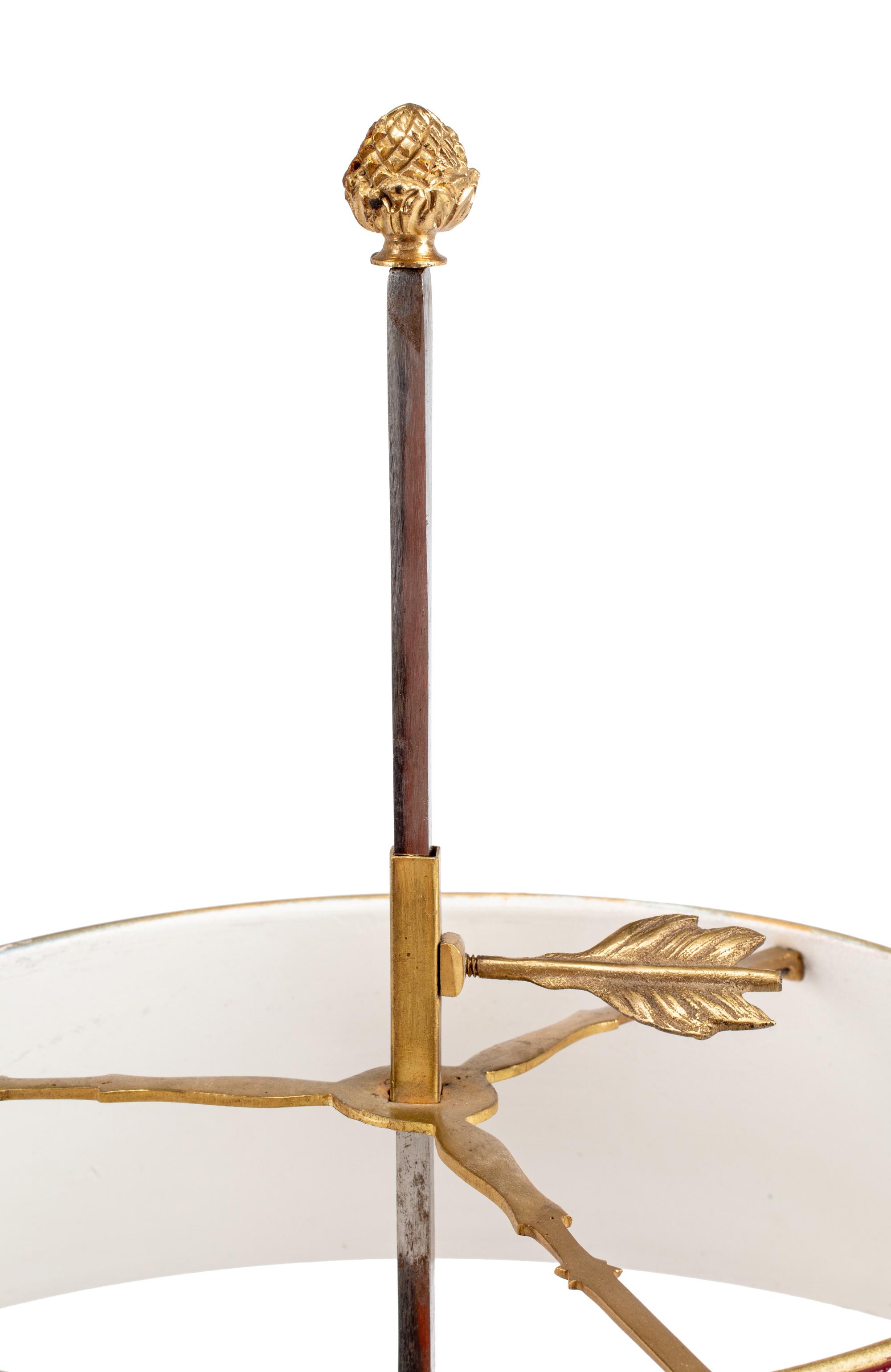 A Pair of Empire Style Gilt Metal Bouillotte Lamps with Tole Shades