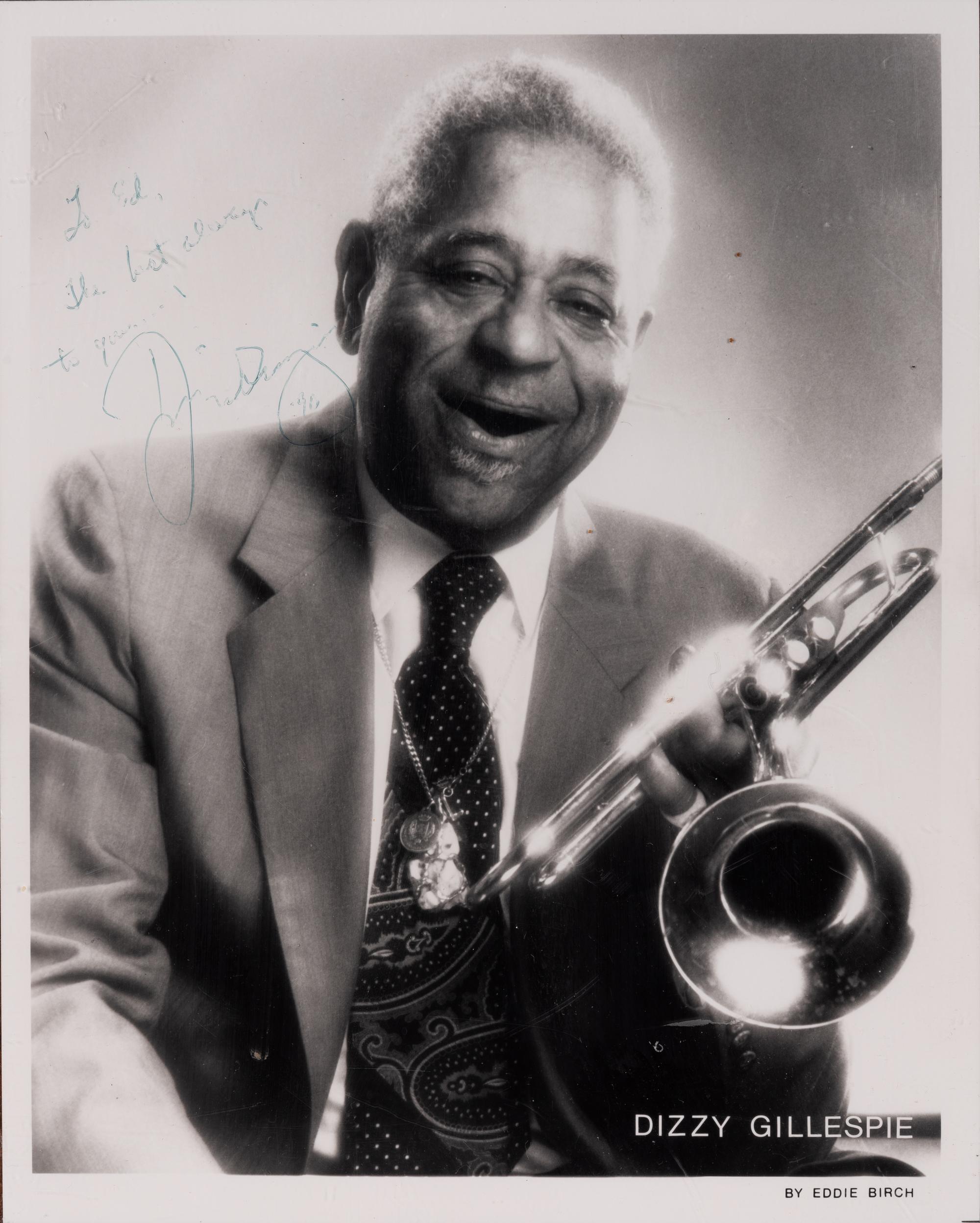 GILLESPIE, John Birks (“Dizzy”) (1917-1993). Photograph by Eddie Birch signed and inscribed (“Dizzy Gillespie”), to Ambassador Edward Joseph Perkins.