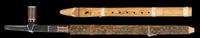 Inlaid Sioux black Catlinite pipe and carved wooden flute early 20th century