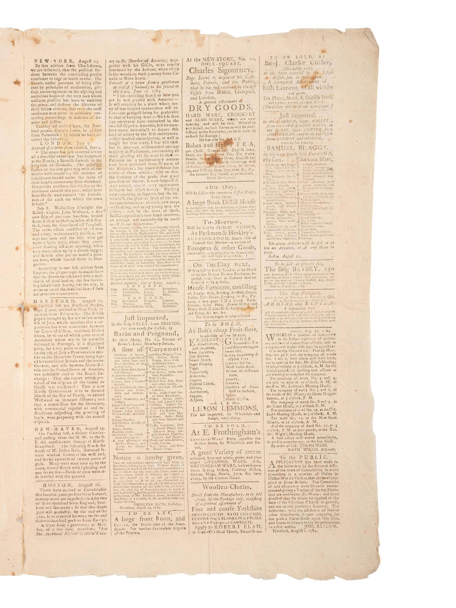 [VERMONT STATEHOOD]. Independent Chronicle and the Universal Advertiser. Vol. XVI, No. 831. Boston, MA: Adams and Nourse, 26 August 1784.
