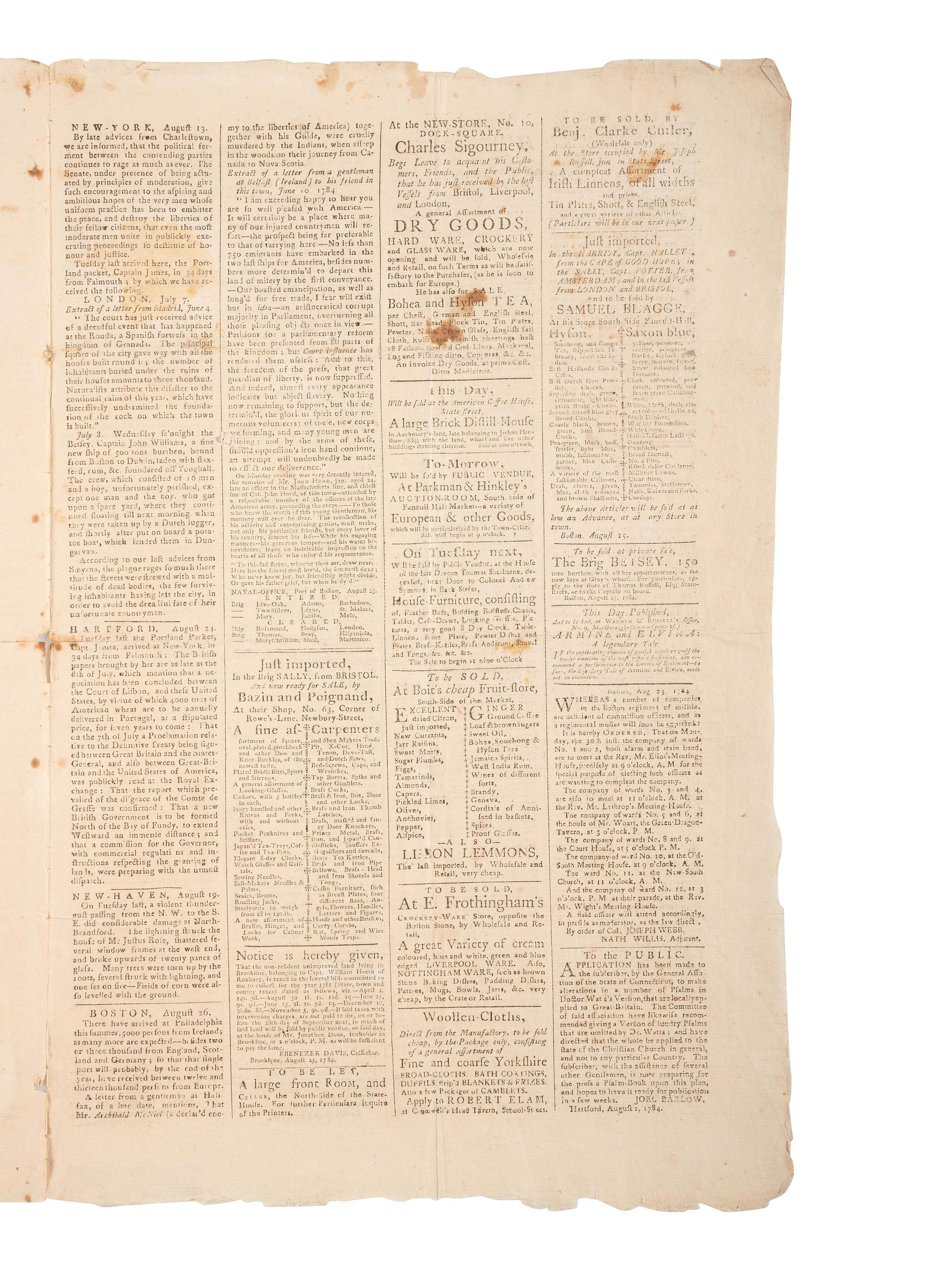 [VERMONT STATEHOOD]. Independent Chronicle and the Universal Advertiser. Vol. XVI, No. 831. Boston, MA: Adams and Nourse, 26 August 1784.