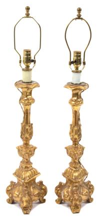 A Pair of Italian Giltwood Pricket Style Table Lamps Height 23 inches. — 20TH CENTURY