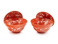 A Pair of Chinese Coral Red Ground Porcelain 'Bamboo' Covered Bowls