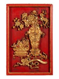 A Set of Four Chinese Gilt and Red Lacquered Wood 'Four Seasons' Panels