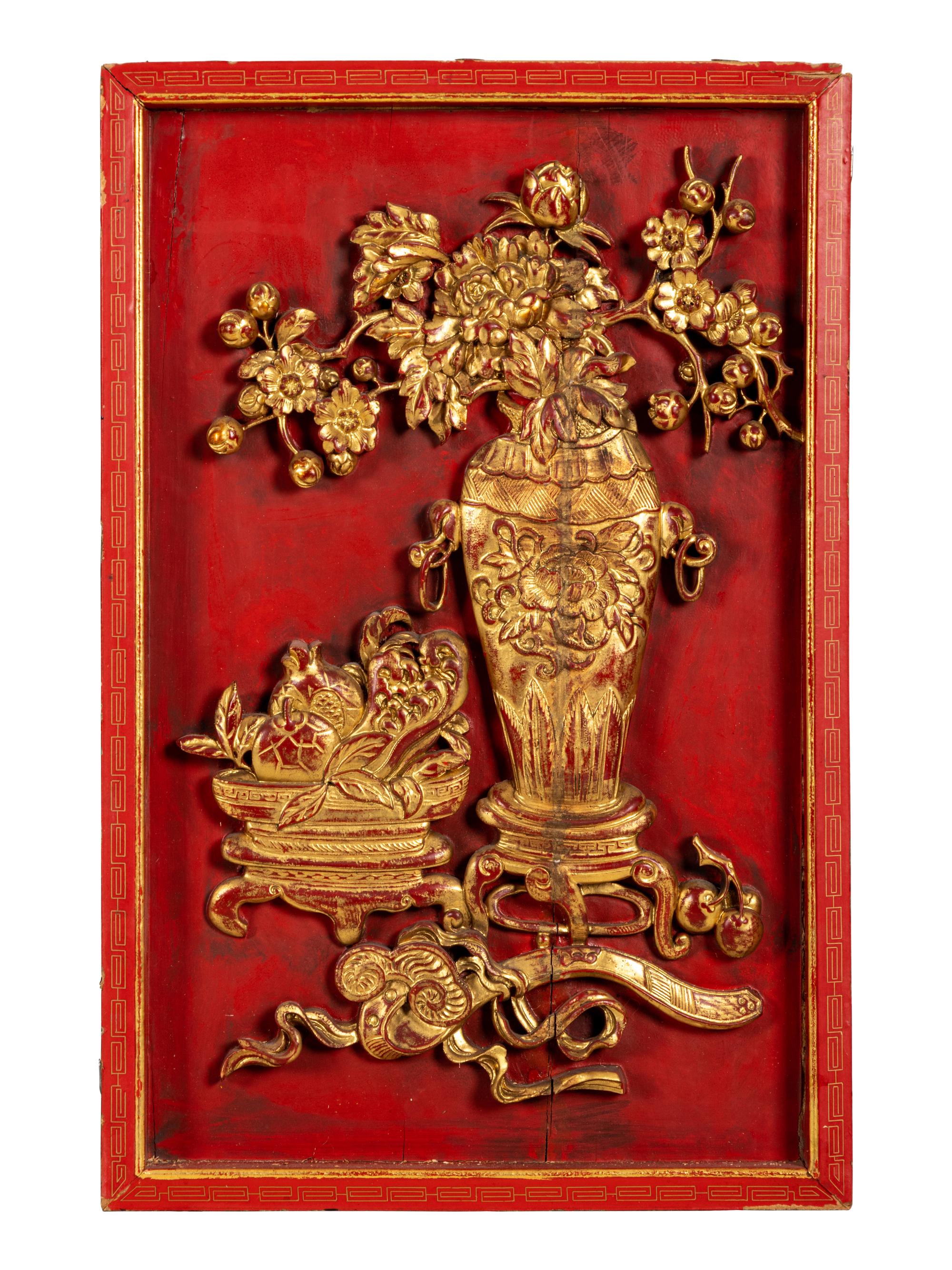 A Set of Four Chinese Gilt and Red Lacquered Wood 'Four Seasons' Panels