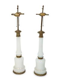 A Pair of French White Opaline and Bronze Mounted Table Lamps — EARLY 20TH CENTURY