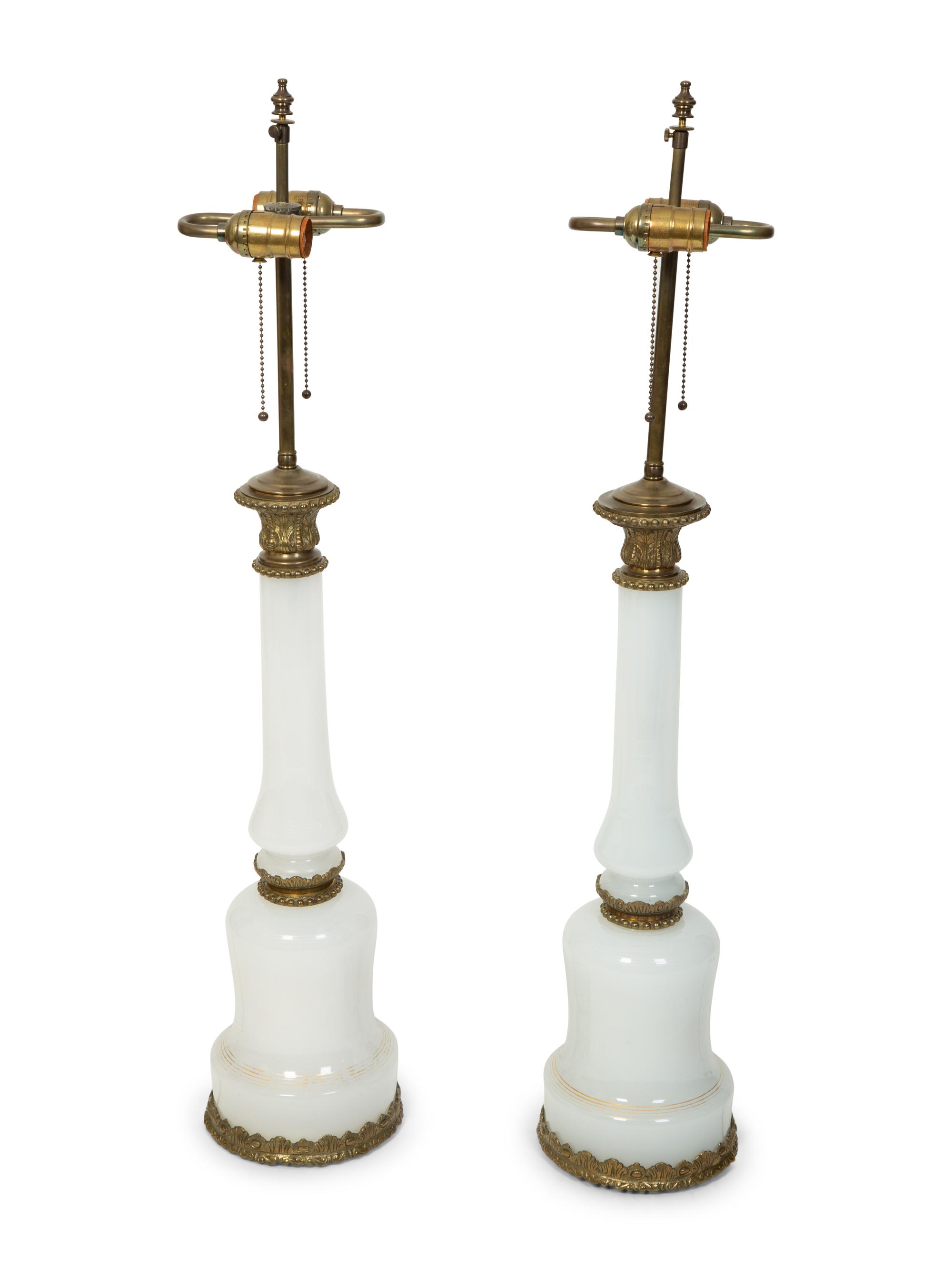 A Pair of French White Opaline and Bronze Mounted Table Lamps — EARLY 20TH CENTURY