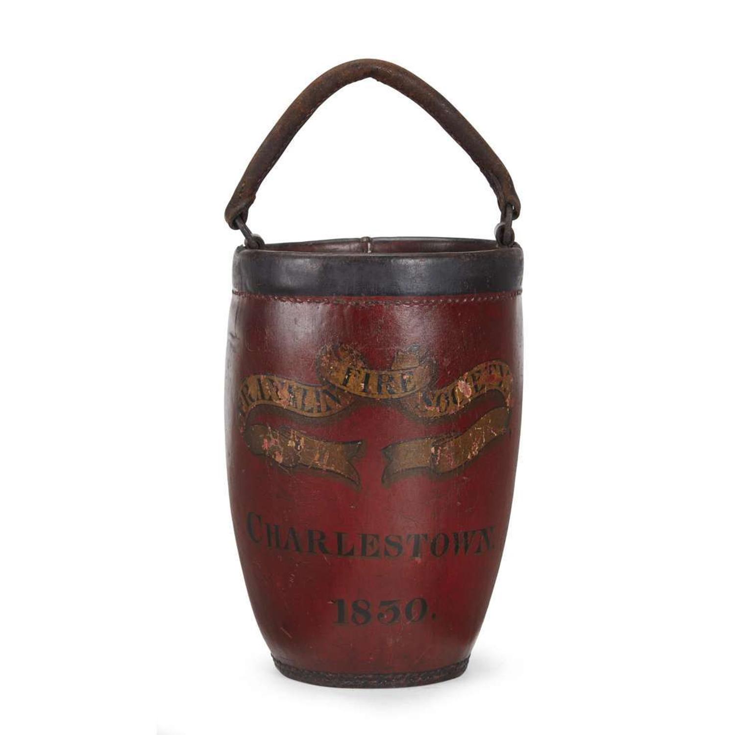 Paint-decorated 'Franklin Fire Society' leather fire bucket Charlestown, MA, dated "1830"