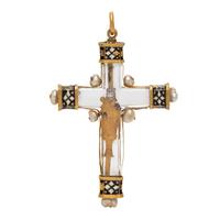 RENAISSANCE, YELLOW GOLD, ROCK CRYSTAL, PEARL AND ENAMEL CROSS PENDANT