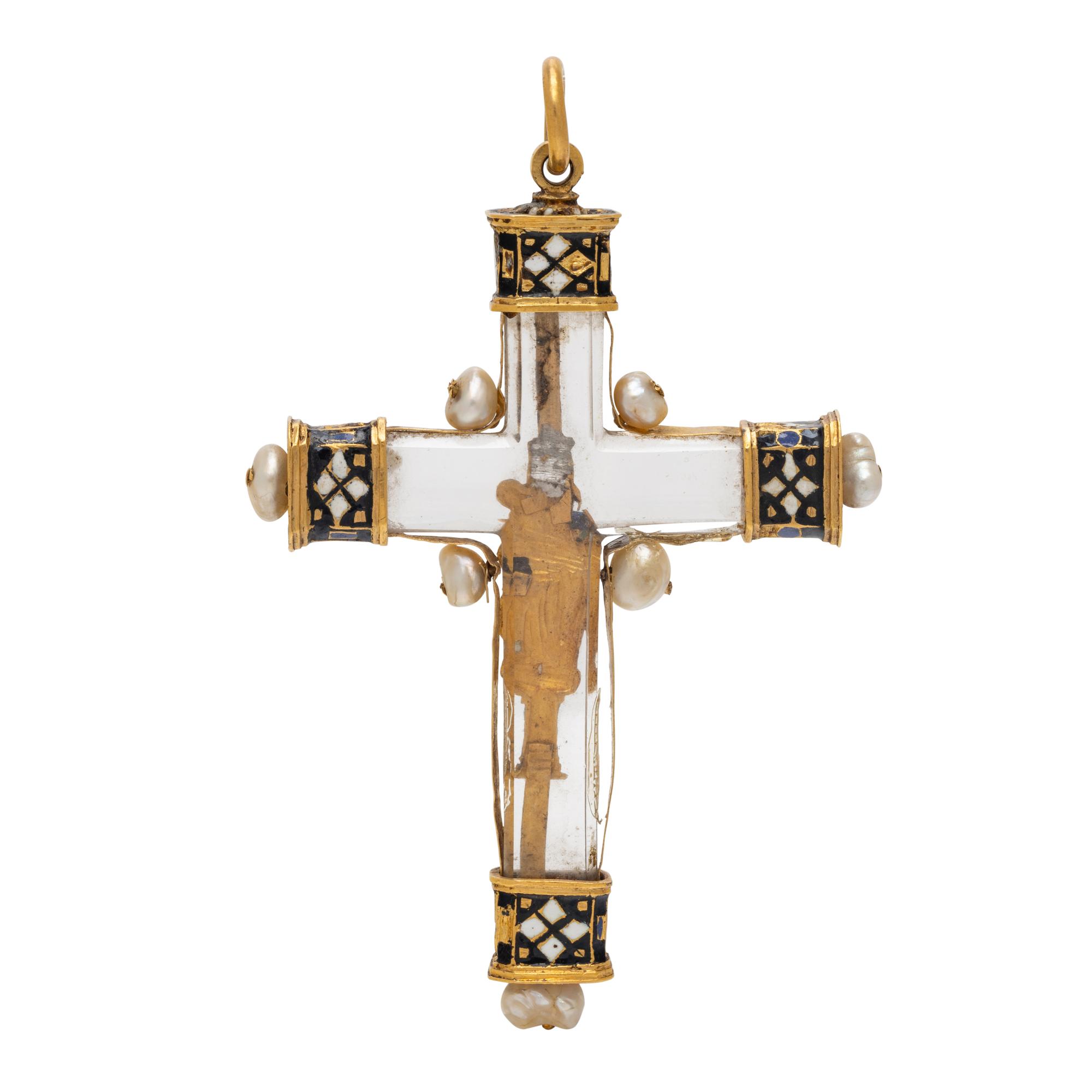 RENAISSANCE, YELLOW GOLD, ROCK CRYSTAL, PEARL AND ENAMEL CROSS PENDANT