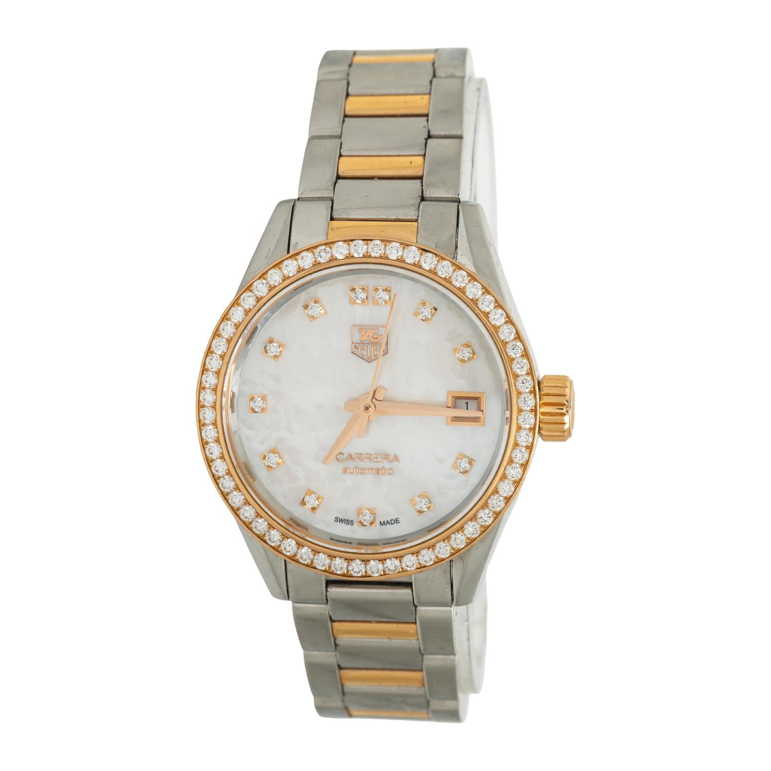 TAG Heuer, Stainless Steel, Mother-of-Pearl, and Diamond 'Carrera' Date Watch