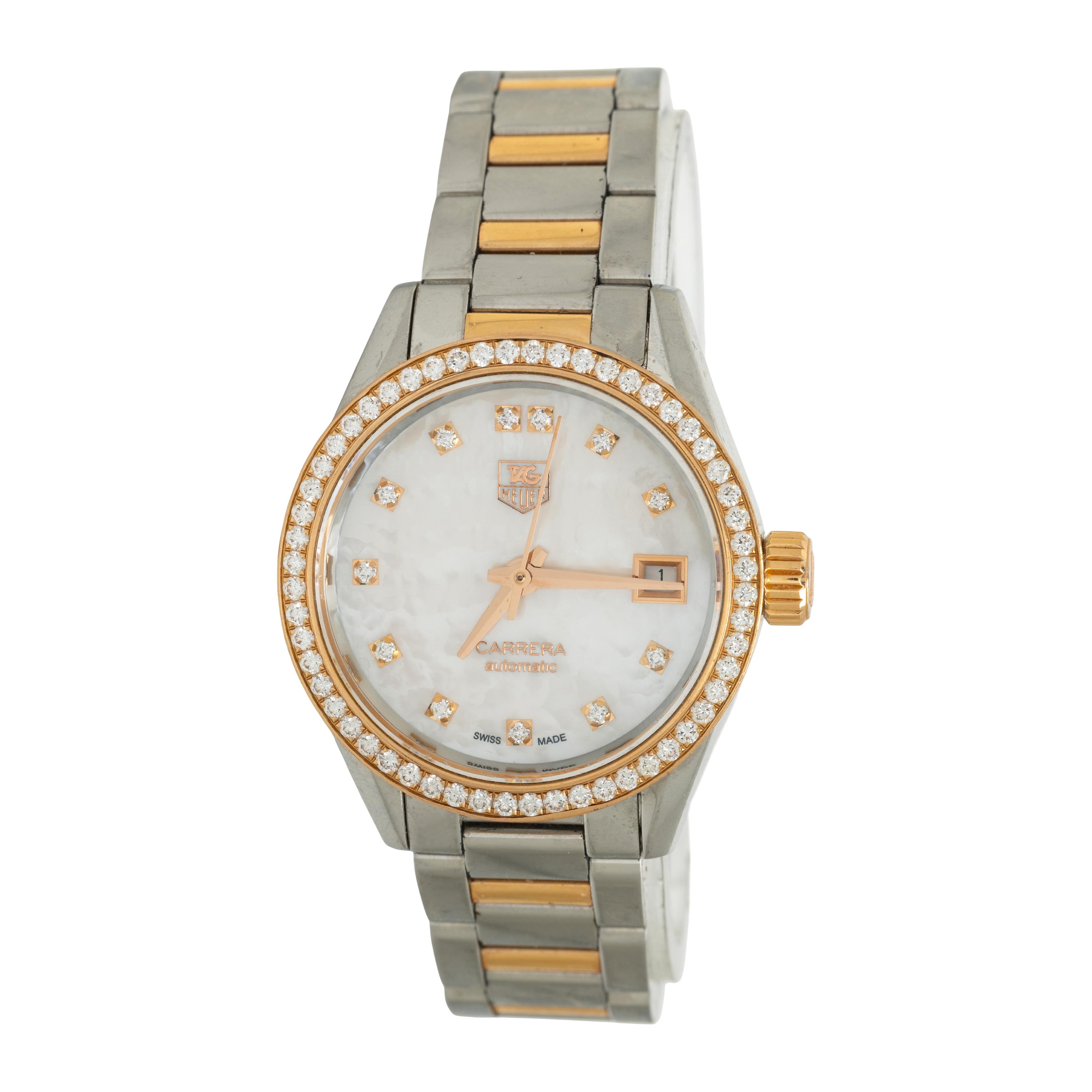 TAG Heuer, Stainless Steel, Mother-of-Pearl, and Diamond 'Carrera' Date Watch