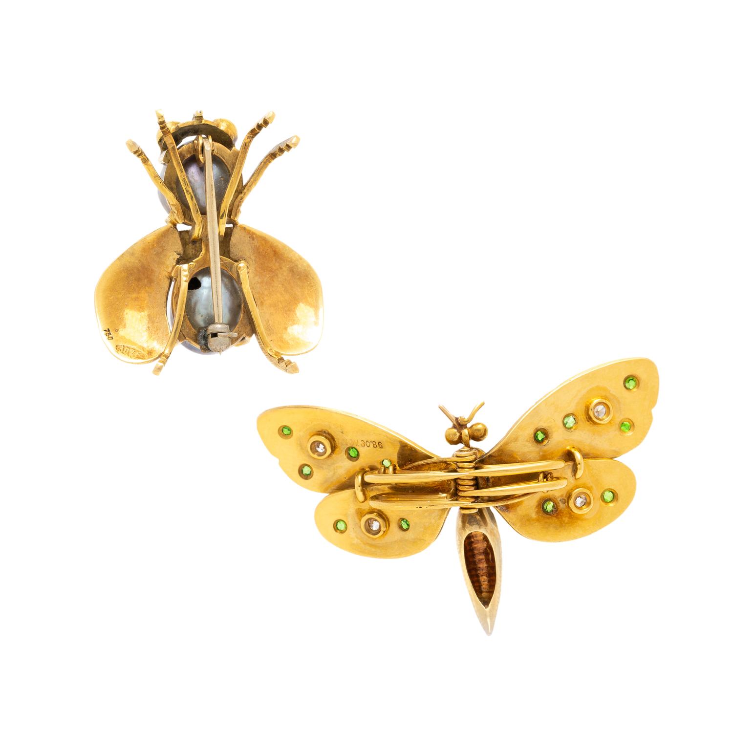 TWO YELLOW GOLD AND MULTIGEM INSECT JEWELS