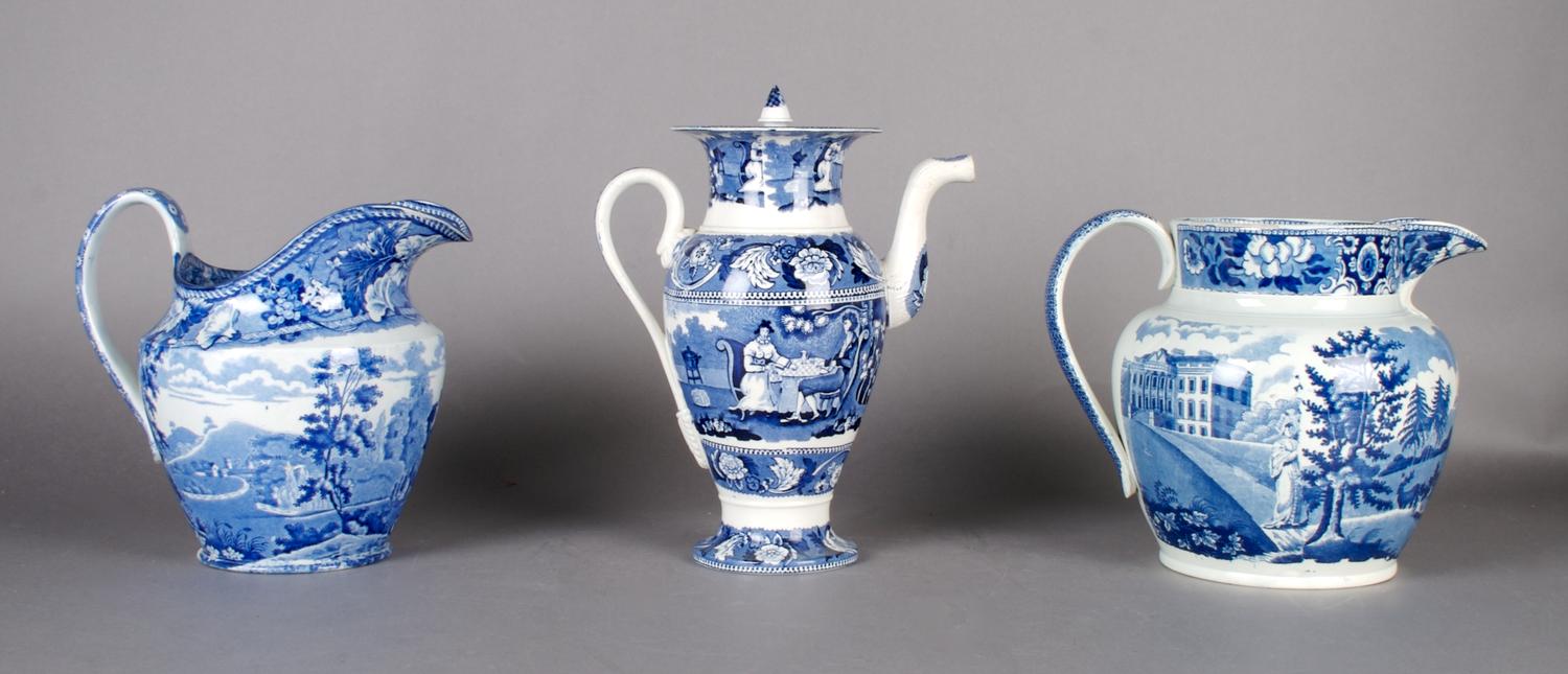 A Collection of Three English Transfer Printed Pitchers, Height of tallest 10 1/4 inches.