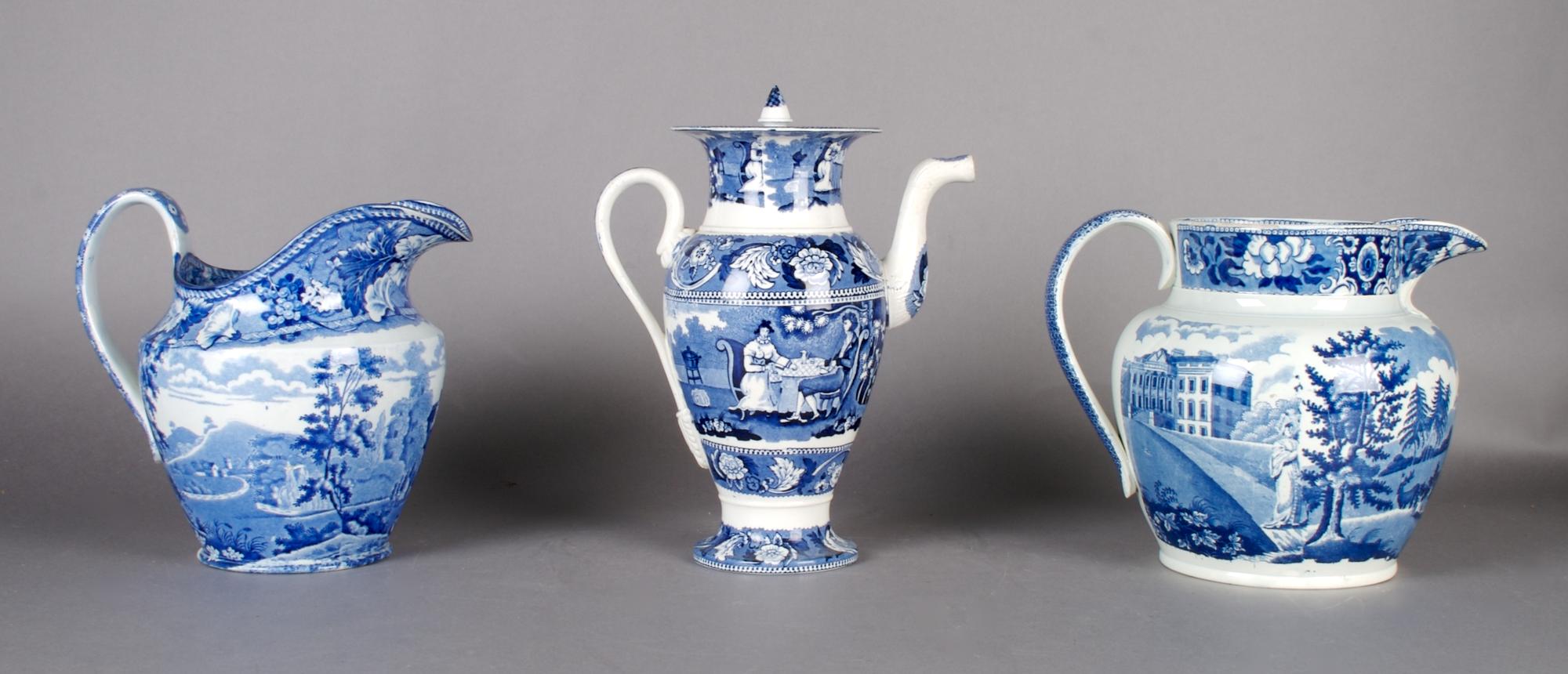 A Collection of Three English Transfer Printed Pitchers, Height of tallest 10 1/4 inches.