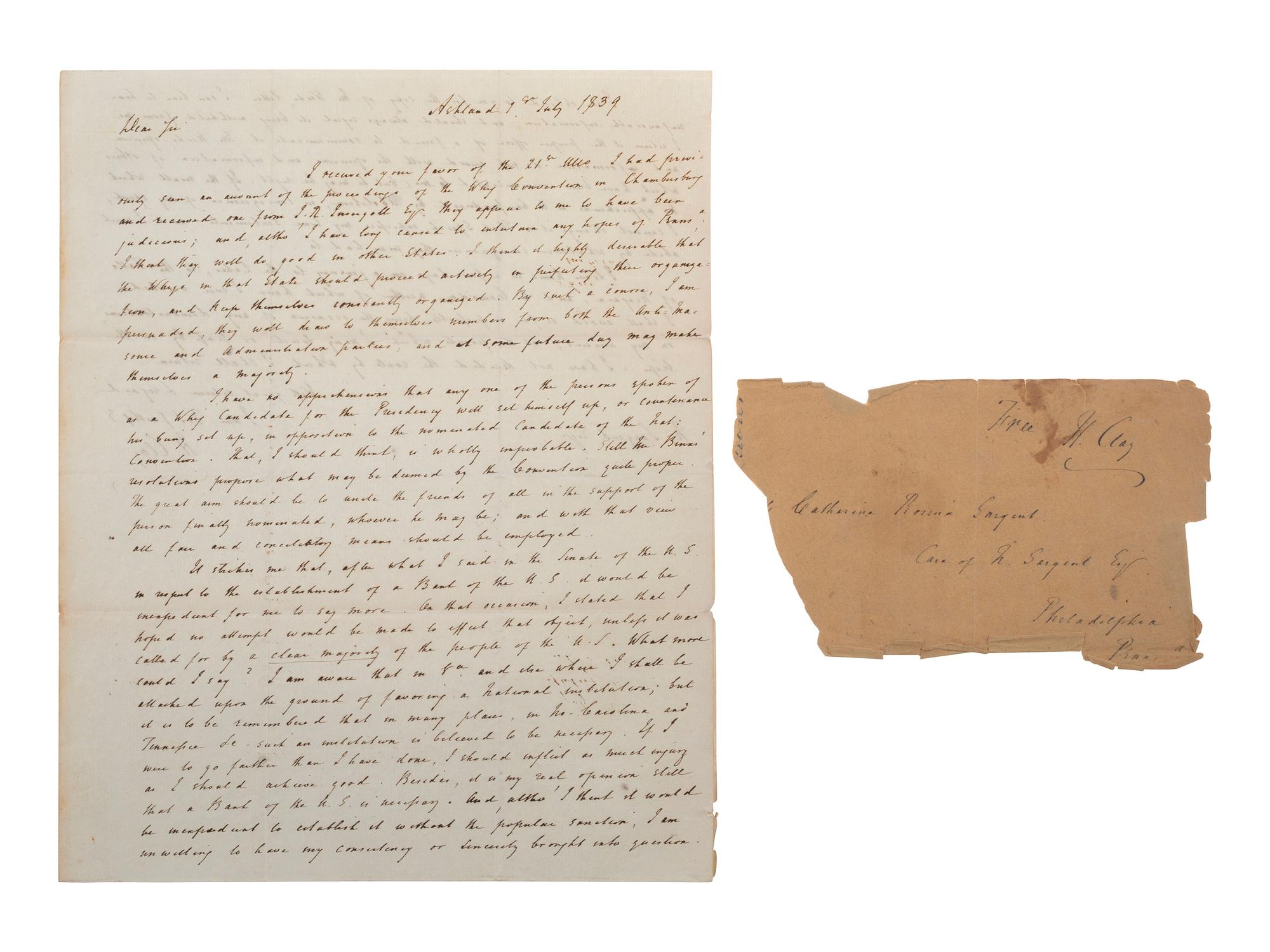 [POLITICS]. CLAY, Henry (1777-1852). Autograph letter signed ("H. Clay"). "Ashland" [Lexington, KY], 1 July 1839. With free franked envelope.