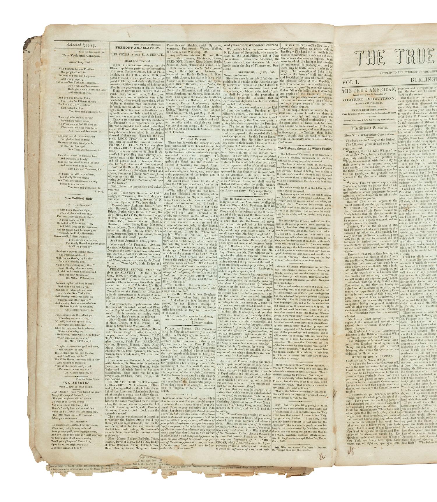 [POLITICS]. The True American . Burlington, IA: George Robertson, August - October 1856. Vol. 1, Nos. 1-11. A rare full run of 11 issues.