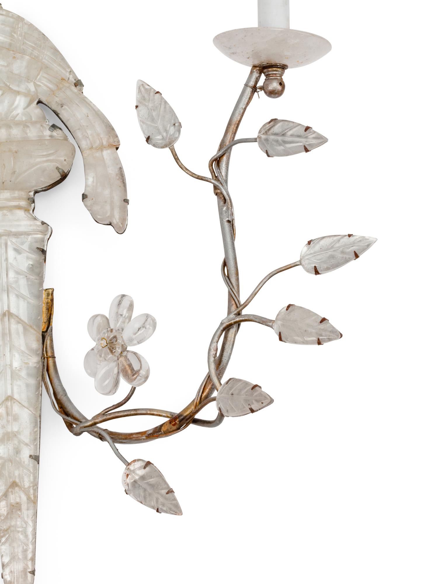 A Pair of Rock Crystal Mounted Two-Light Sconces in the Style of Maison Baguès