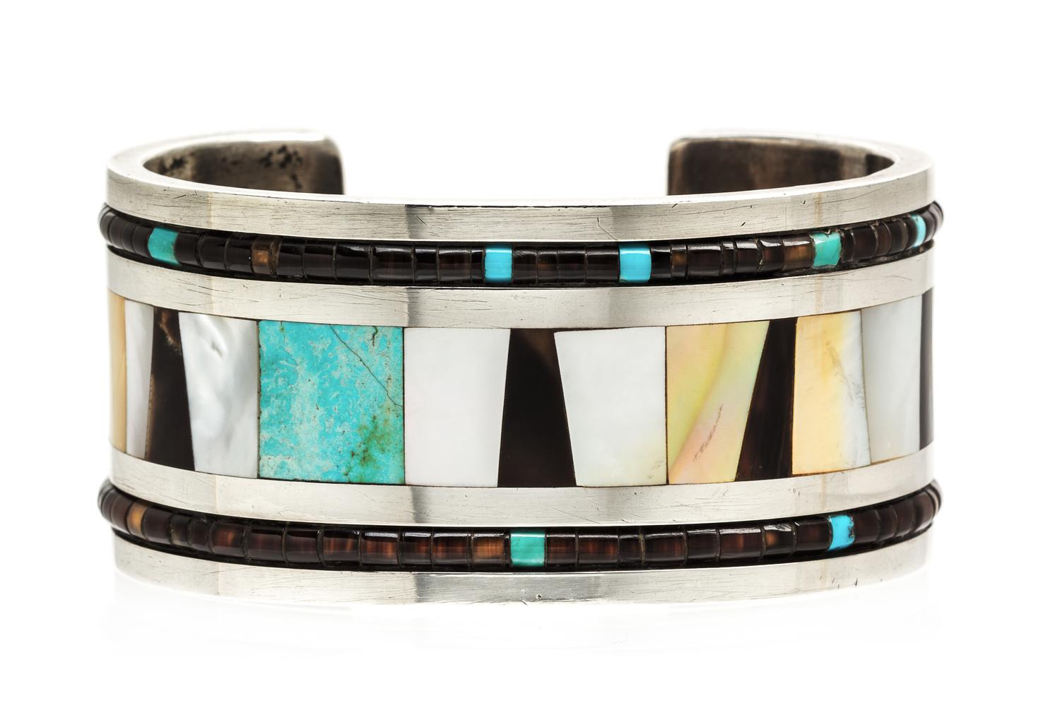A Silver, Mother-of-Pearl, Tortoise Shell and Turquoise Cuff Bracelet, 65.10 dwts.