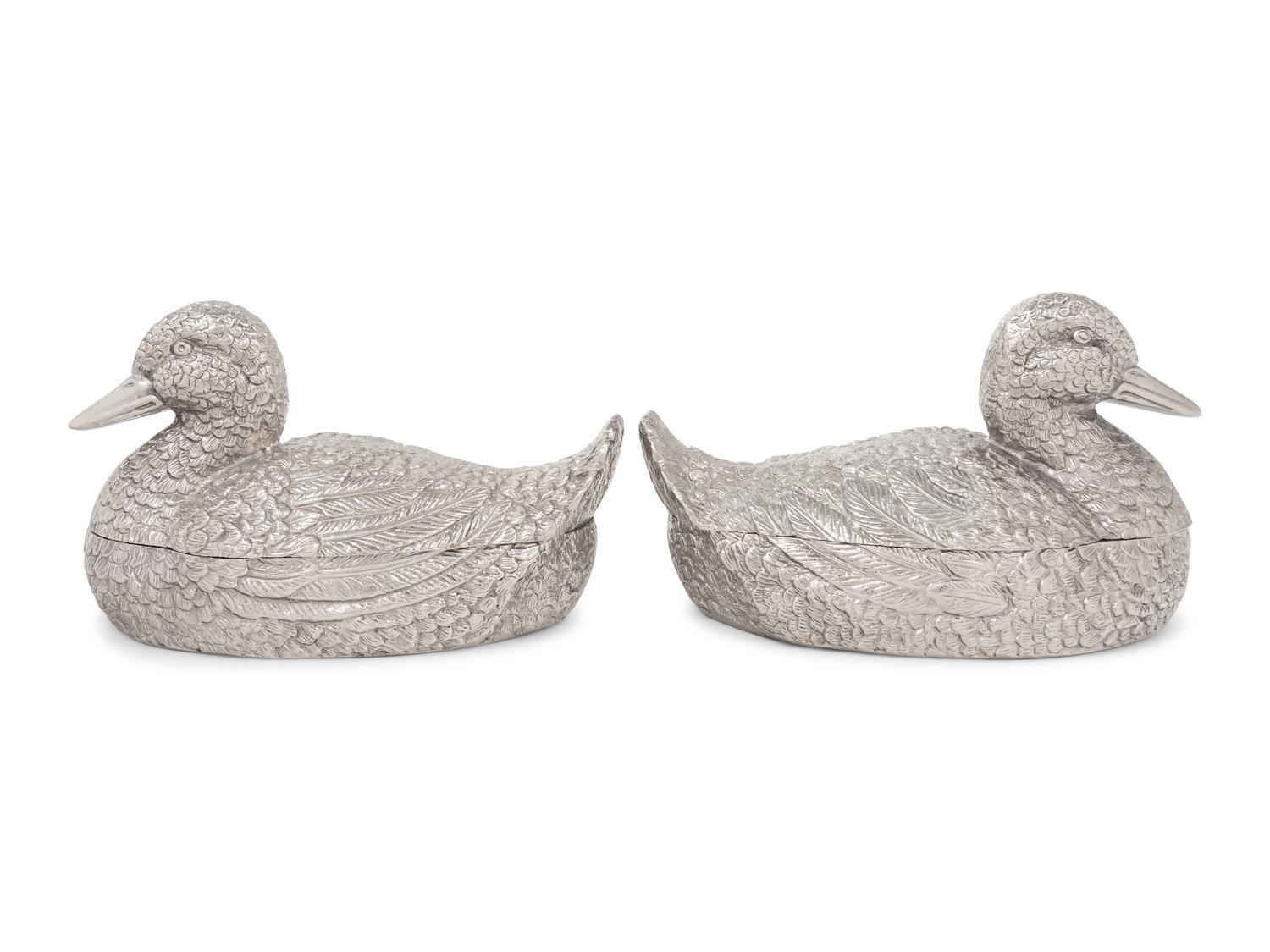 A Pair of Silvered Metal Duck-Form Boxes