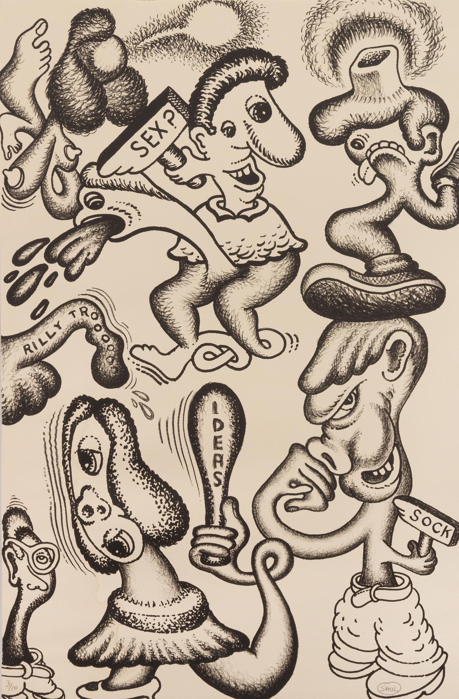 Peter Saul, (American, b. 1934), Adam and Eve, Alien in the Electric Chair, and Ideas (a group of three works)