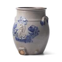 A Cobalt-Decorated and Molded Stoneware 3-Gallon Water Cooler