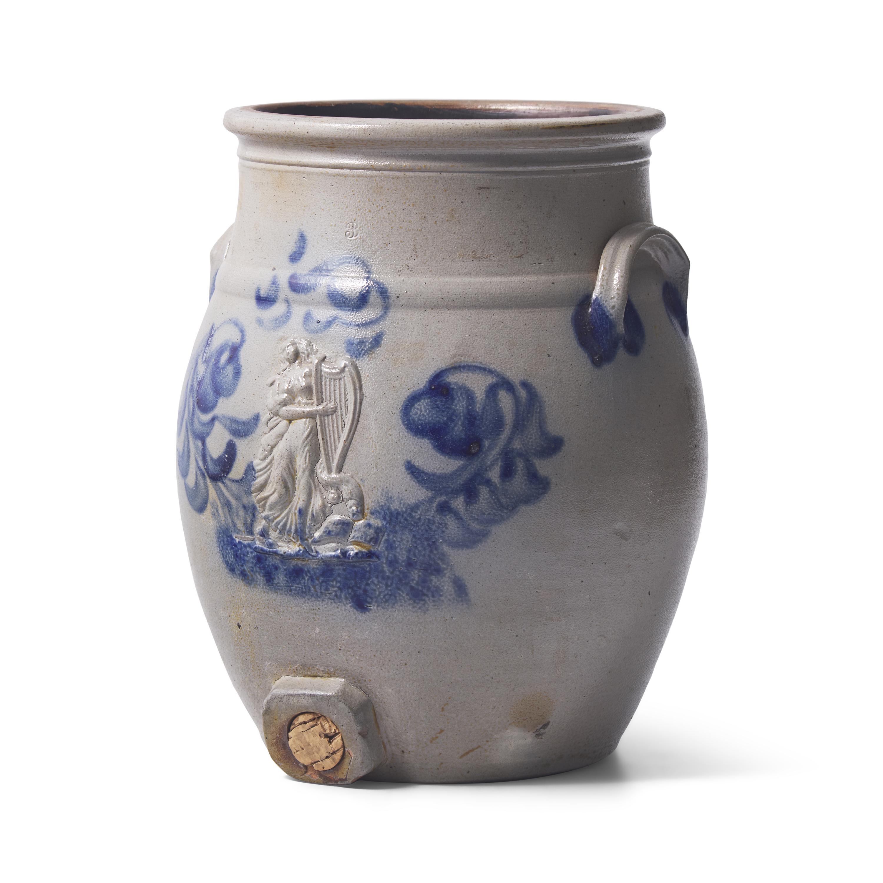 A Cobalt-Decorated and Molded Stoneware 3-Gallon Water Cooler