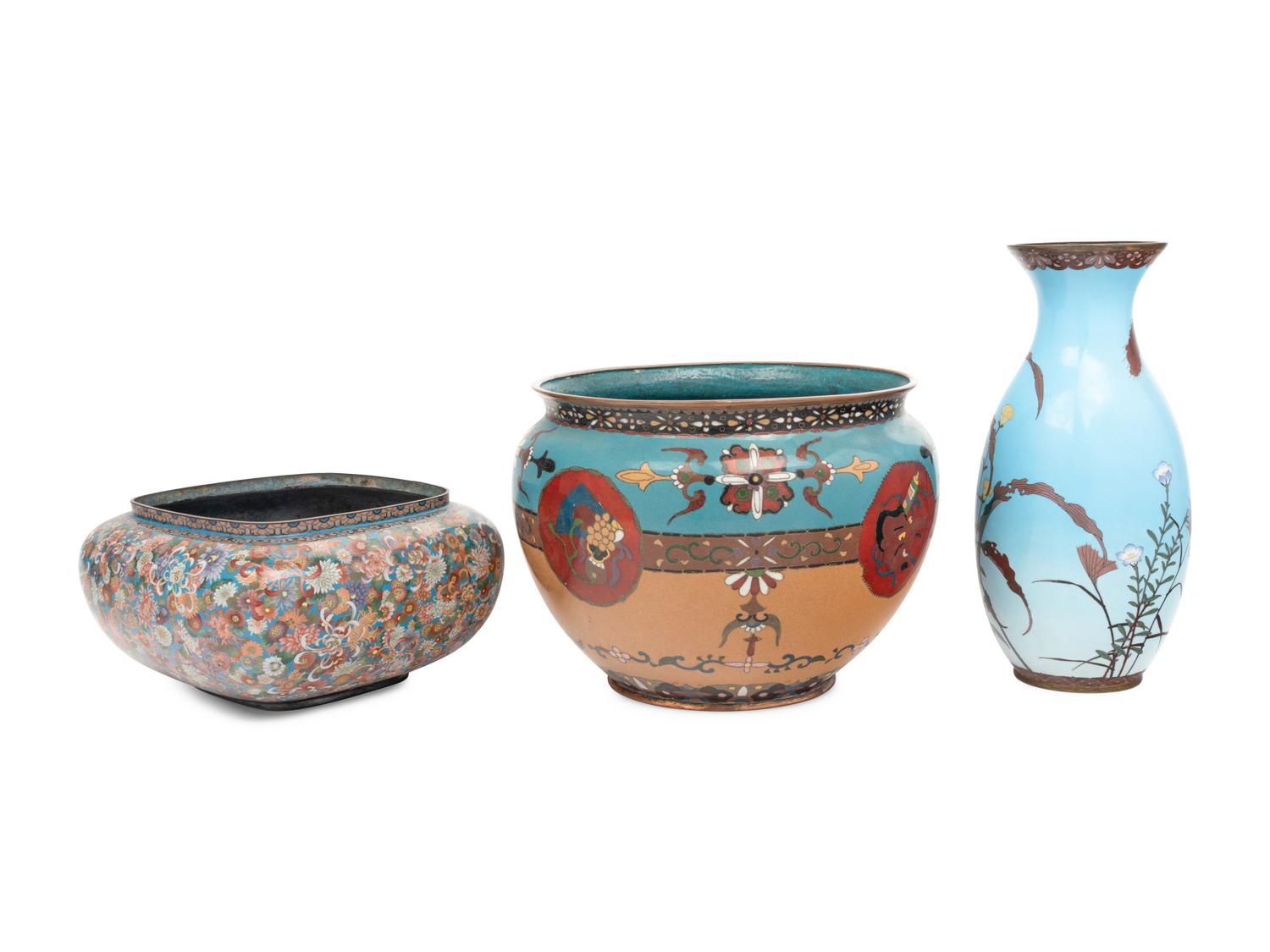 Three Japanese Blue Ground Cloisonné Vessels