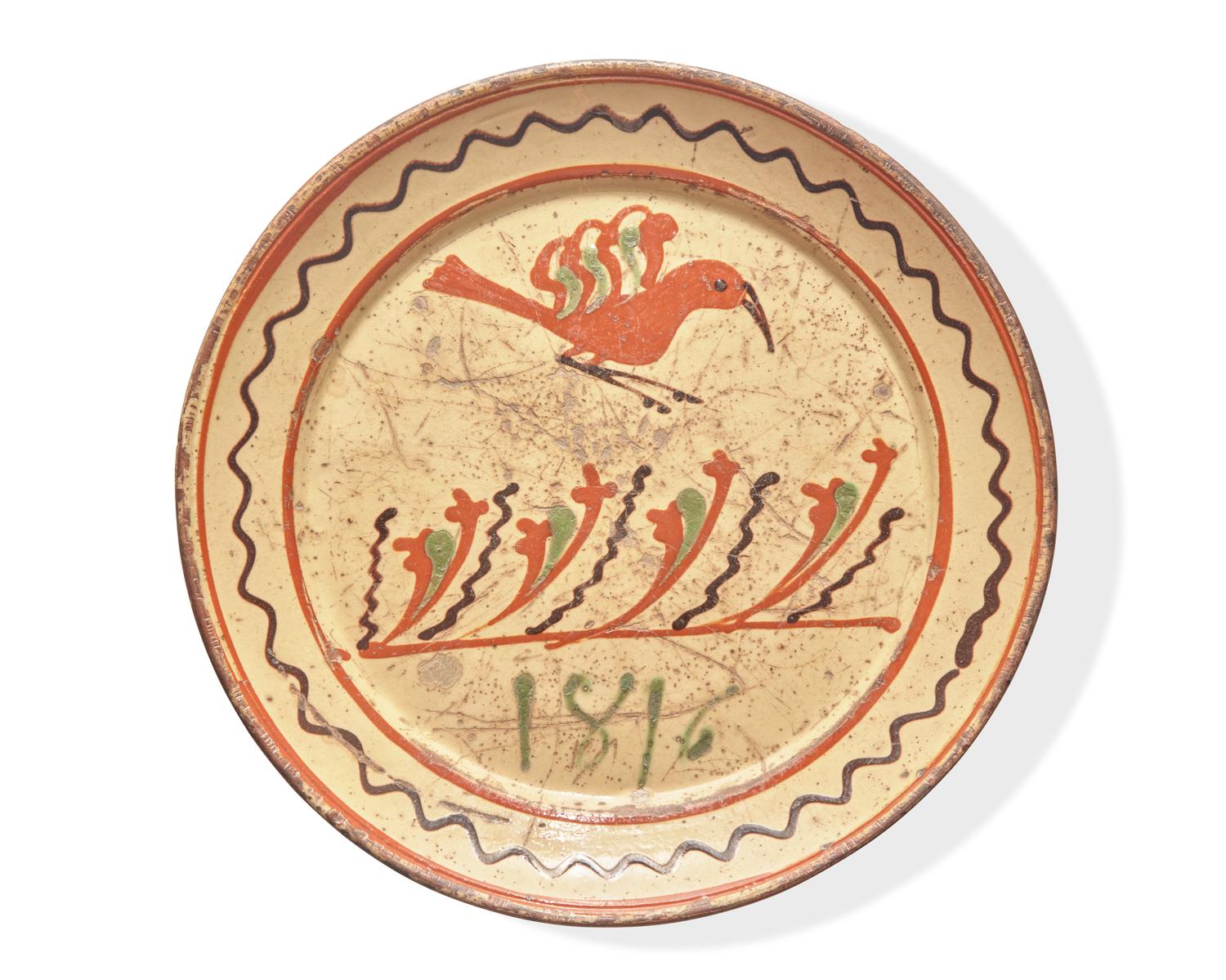 A Glazed and Slip-Decorated Redware Pie Plate, Dated "1816," Attributed to Old Salem, North Carolina