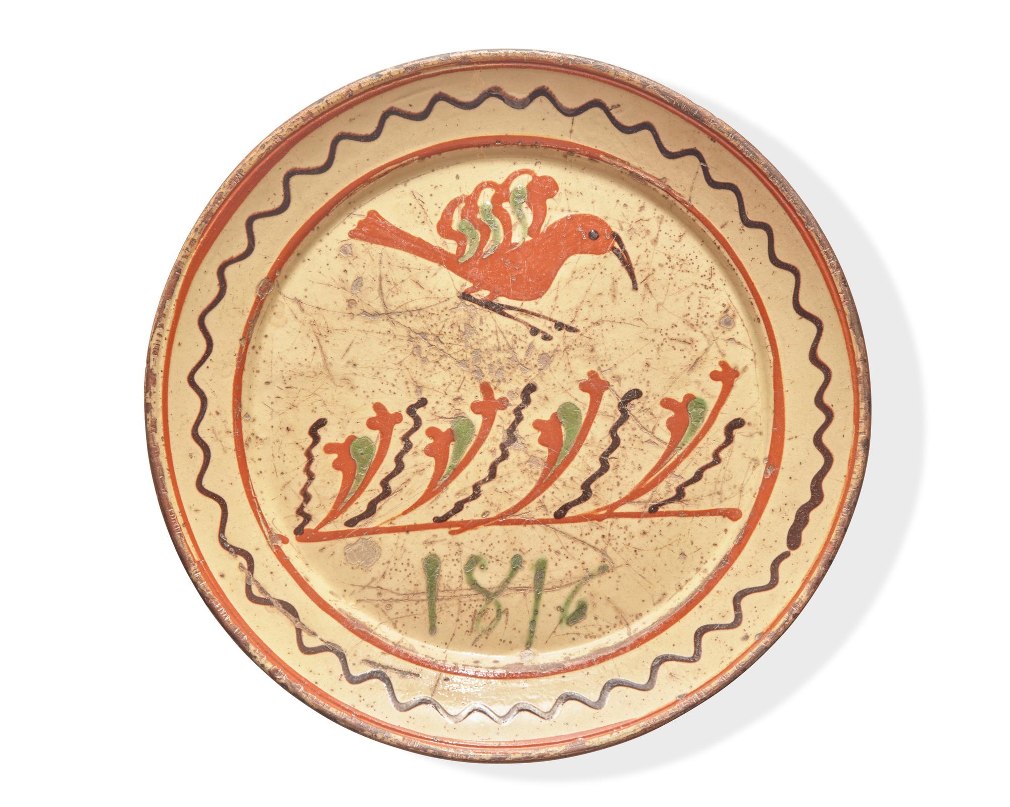 A Glazed and Slip-Decorated Redware Pie Plate, Dated "1816," Attributed to Old Salem, North Carolina