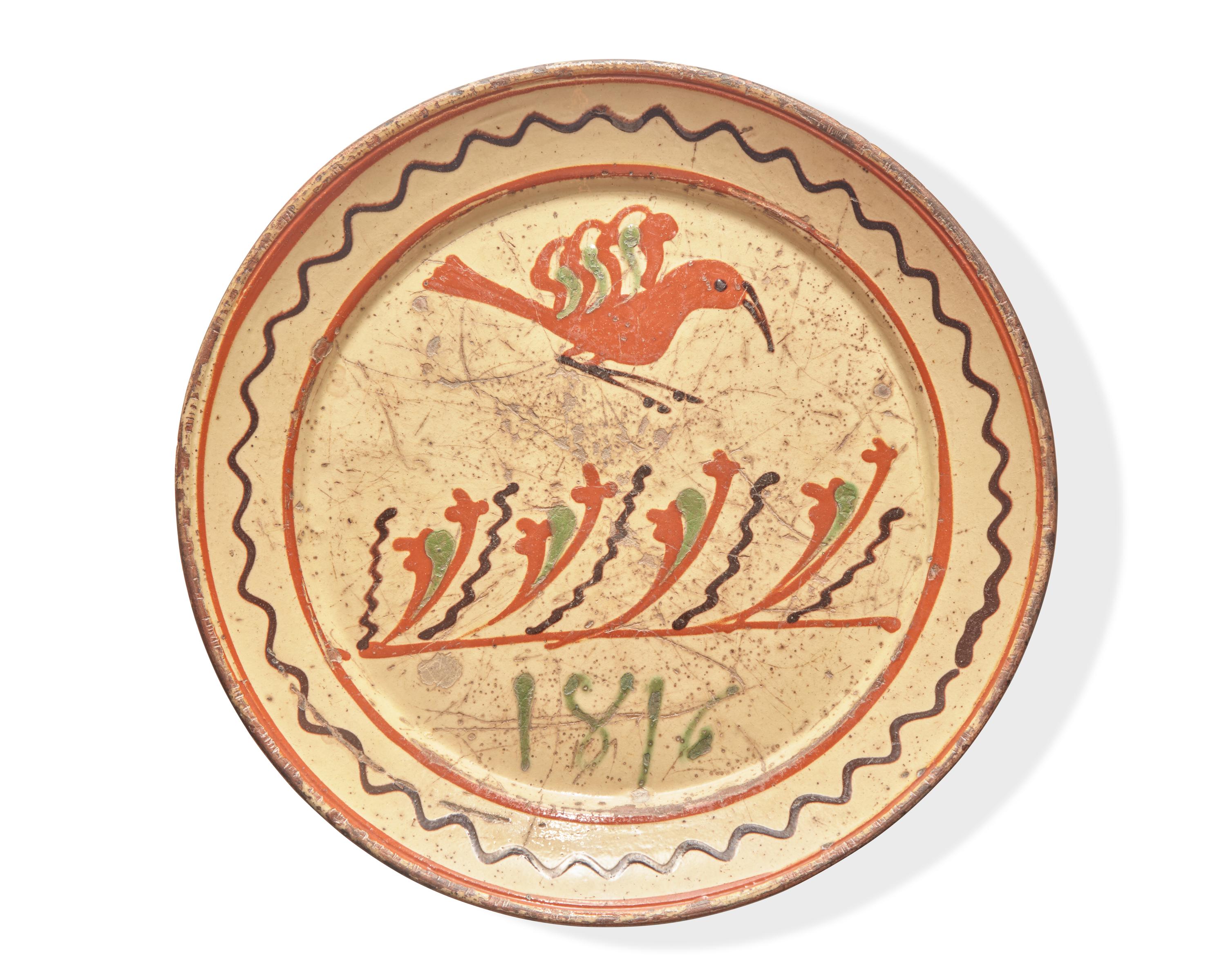 A Glazed and Slip-Decorated Redware Pie Plate, Dated "1816," Attributed to Old Salem, North Carolina