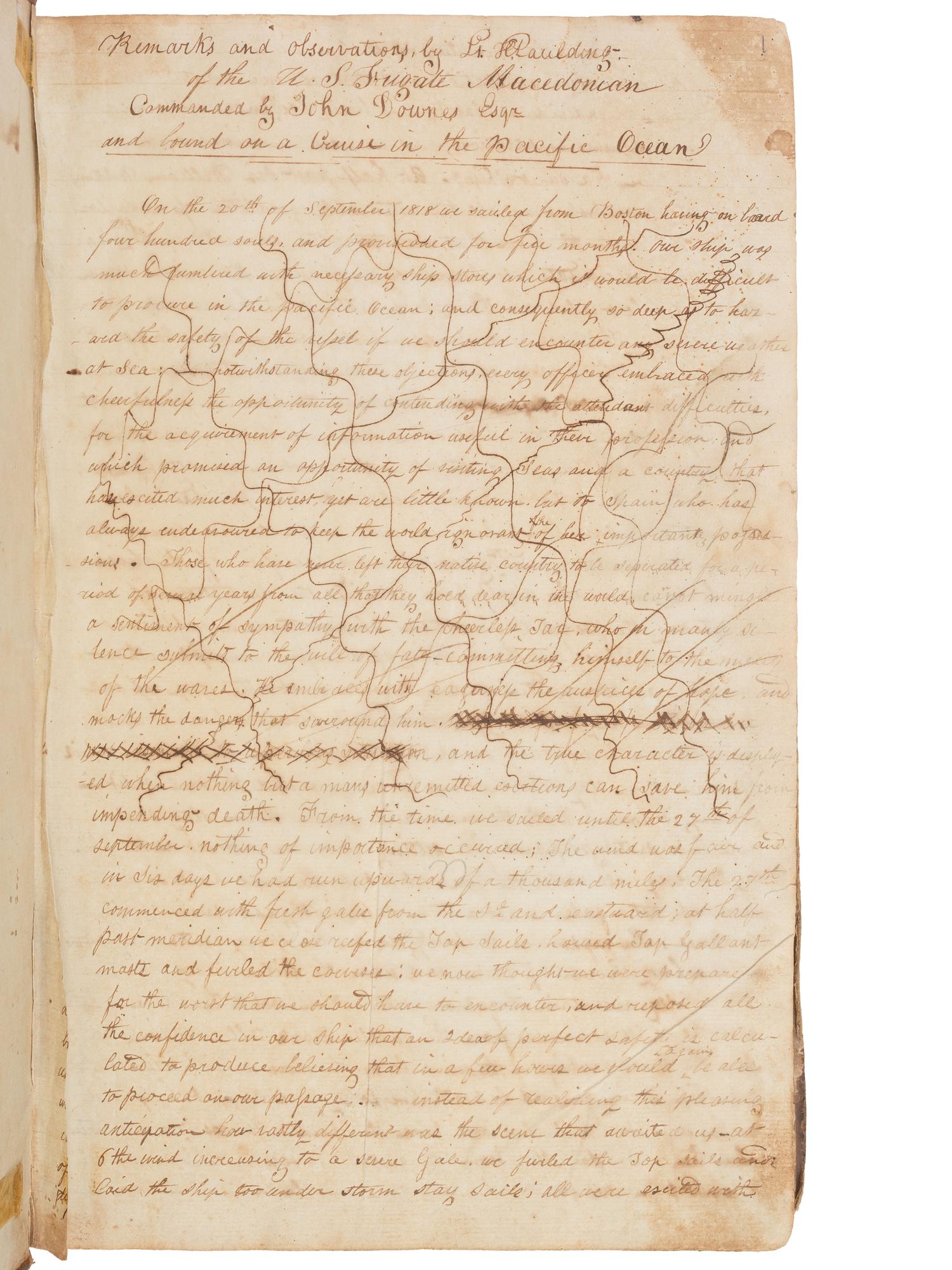 [US NAVY] -- [MARITIME]. Manuscript journal containing "Remarks and observations of Lt. Paulding of the U.S. Frigate Macedonian Commanded by John Downes, Esq. And bound on a Cruise in the Pacific Ocean." Illustrated. Ca. 1818-1828.