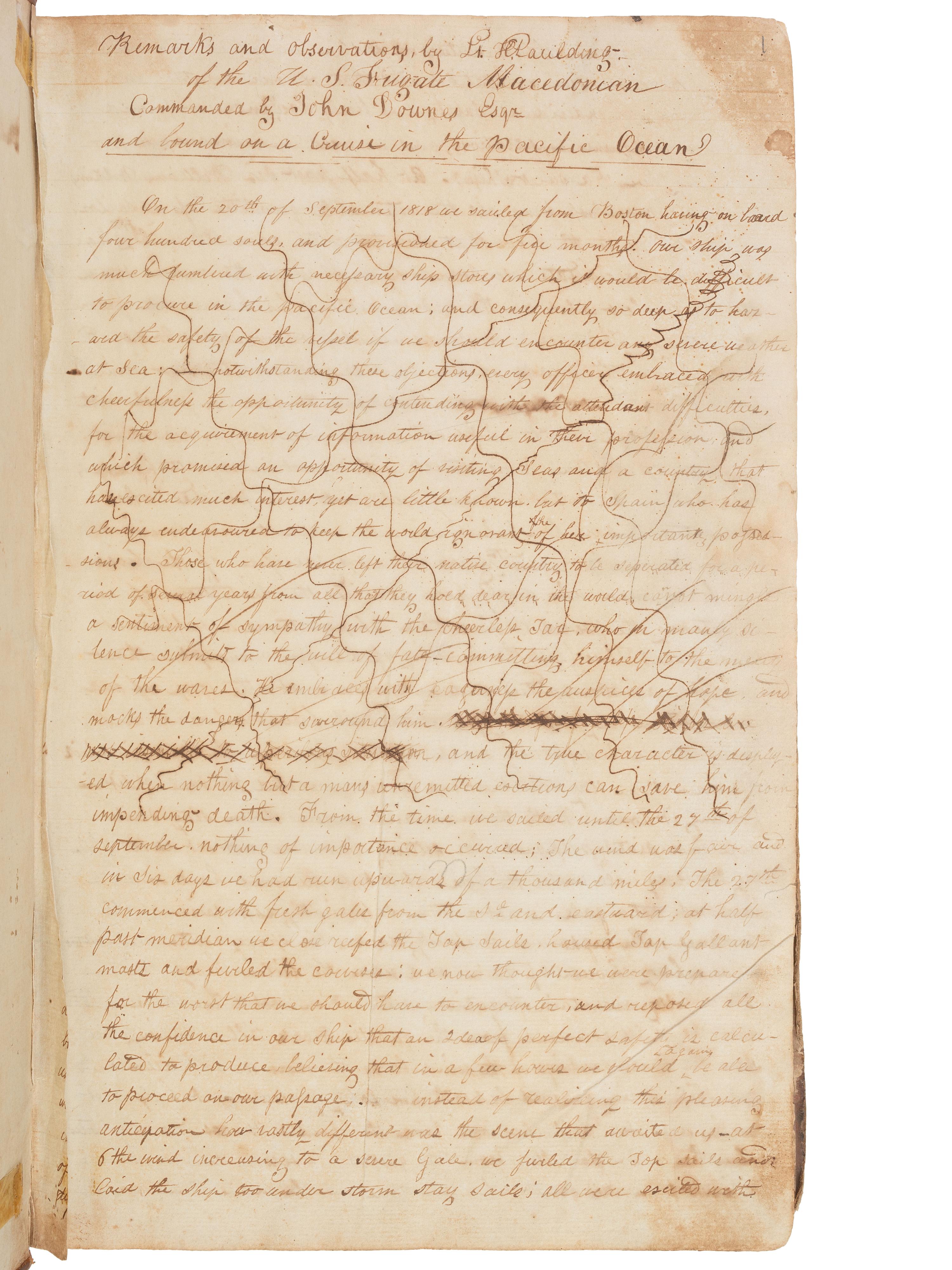 [US NAVY] -- [MARITIME]. Manuscript journal containing "Remarks and observations of Lt. Paulding of the U.S. Frigate Macedonian Commanded by John Downes, Esq. And bound on a Cruise in the Pacific Ocean." Illustrated. Ca. 1818-1828.
