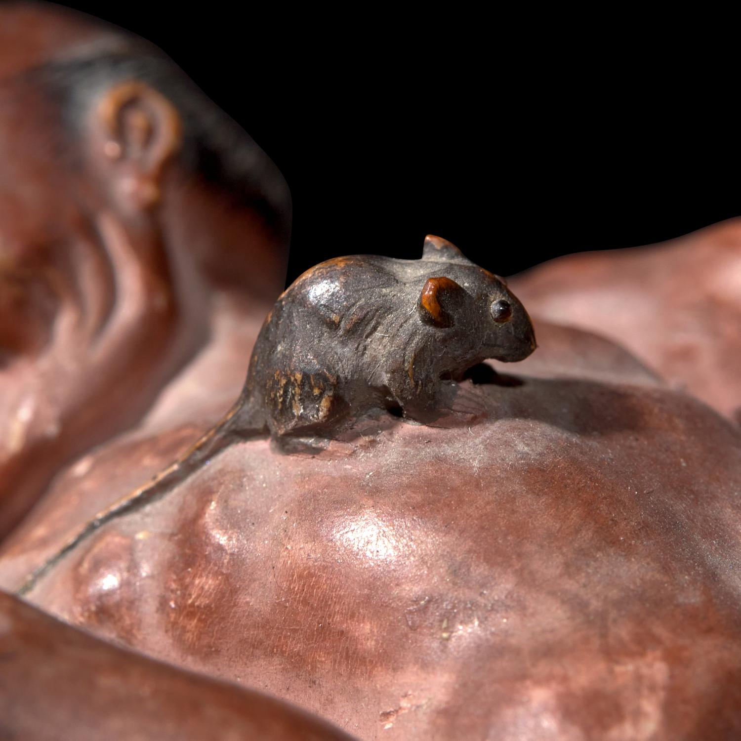 A Small Japanese Carved and Painted Wood 'Ratcatcher' Okimono 日本著物一件