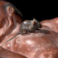 A Small Japanese Carved and Painted Wood 'Ratcatcher' Okimono 日本著物一件