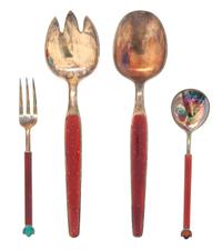Four Norwegian Silver Gilt and Enamel Forks and Spoons, David Andersen, Oslo, comprising a salad fork and spoon and a cocktail fork and