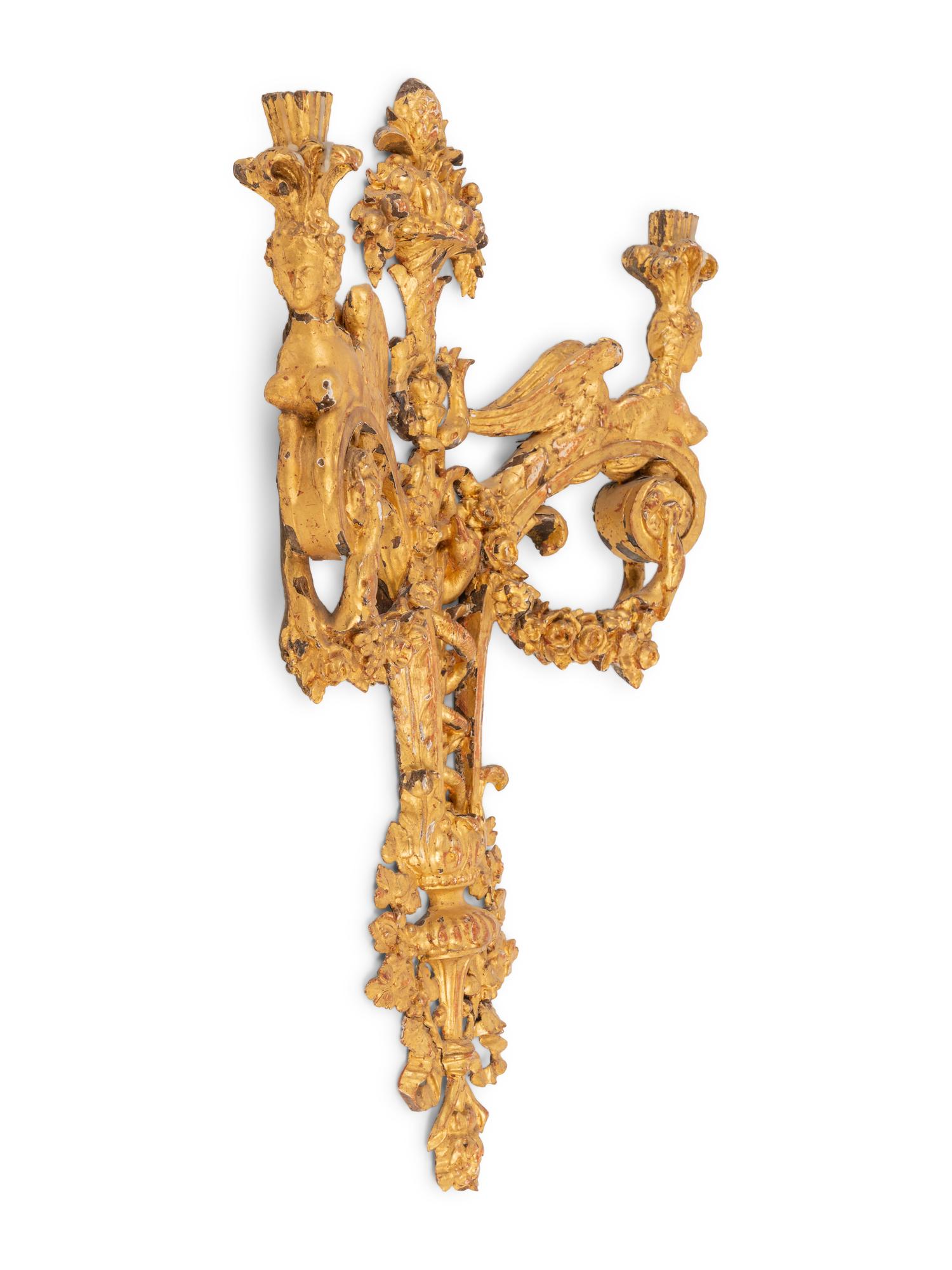 A Pair of Neoclassical Style Giltwood Two-Light Sconces