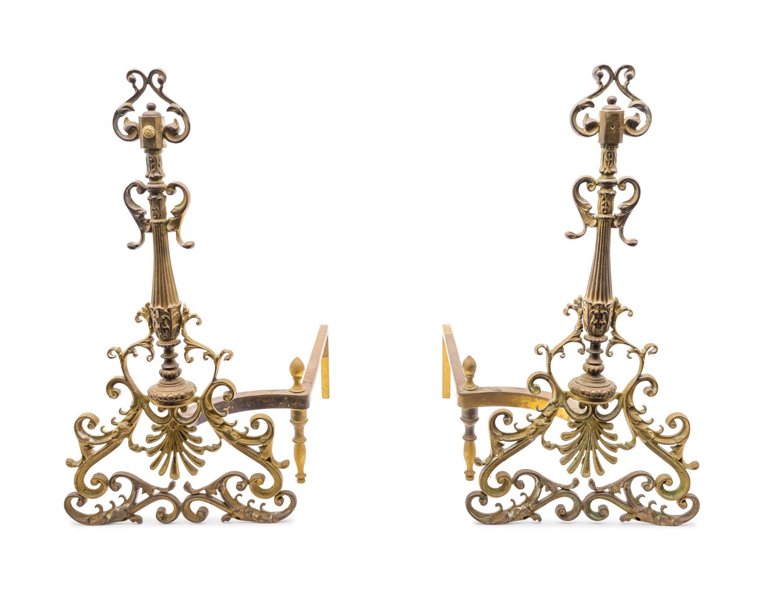 A Pair Continental Brass Andirons and a Fire Fender — LATE 19TH CENTURY