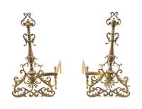 A Pair Continental Brass Andirons and a Fire Fender — LATE 19TH CENTURY
