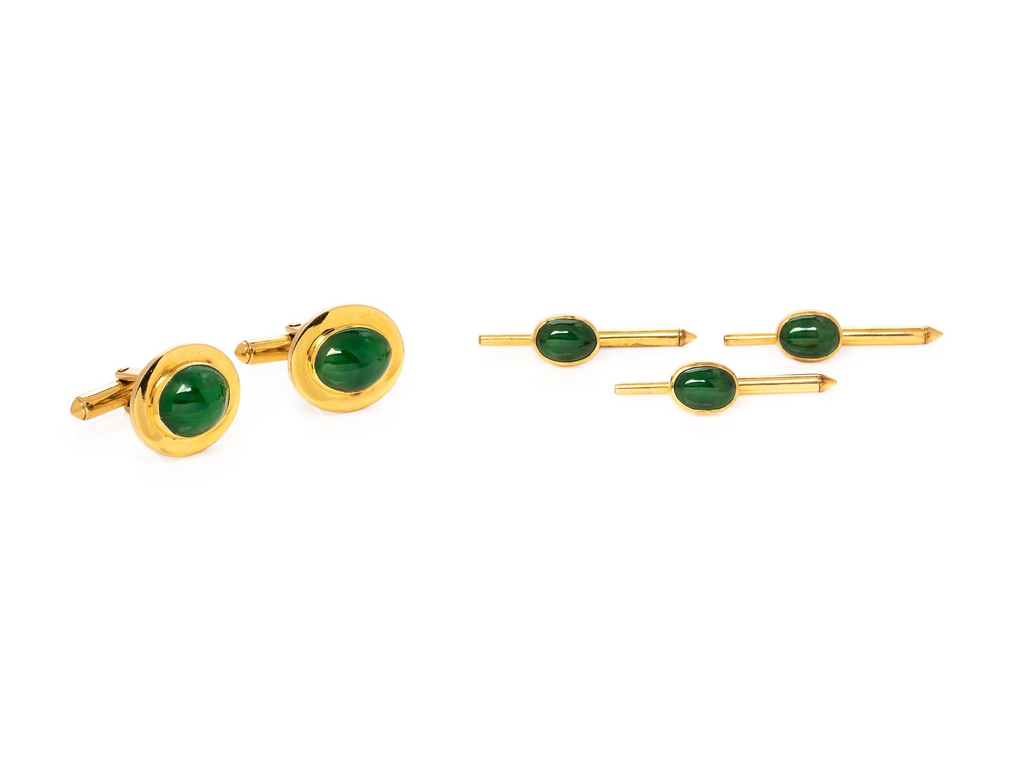 An 18 Karat Yellow Gold and Jade Dress Set, Trio,