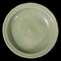 A Large Chinese Longquan Celadon Glazed Porcelain 'Lotus' Charger 龍泉青釉蓮紋花口大盤