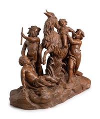 An Important Monumental Terracotta Group by Maison Gossin Frères Depicting Bacchanal Putti with Goat
