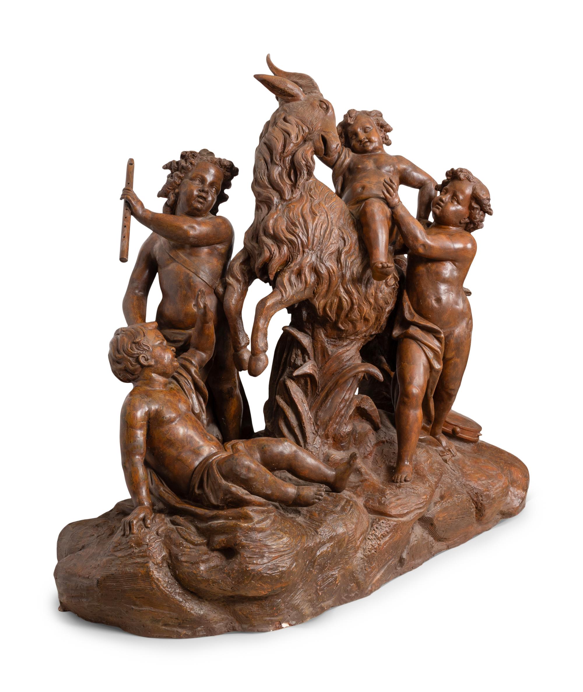 An Important Monumental Terracotta Group by Maison Gossin Frères Depicting Bacchanal Putti with Goat