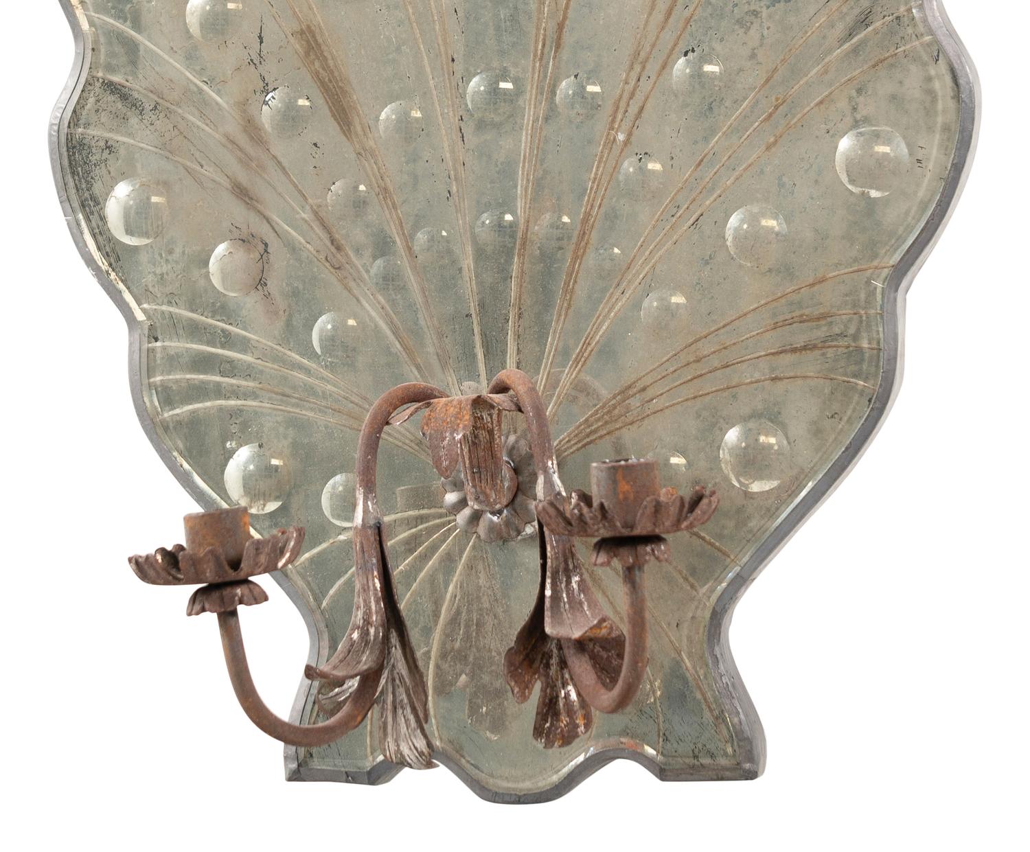 A Pair of Italian Mirrored and Wrought Iron Two-Light Sconces