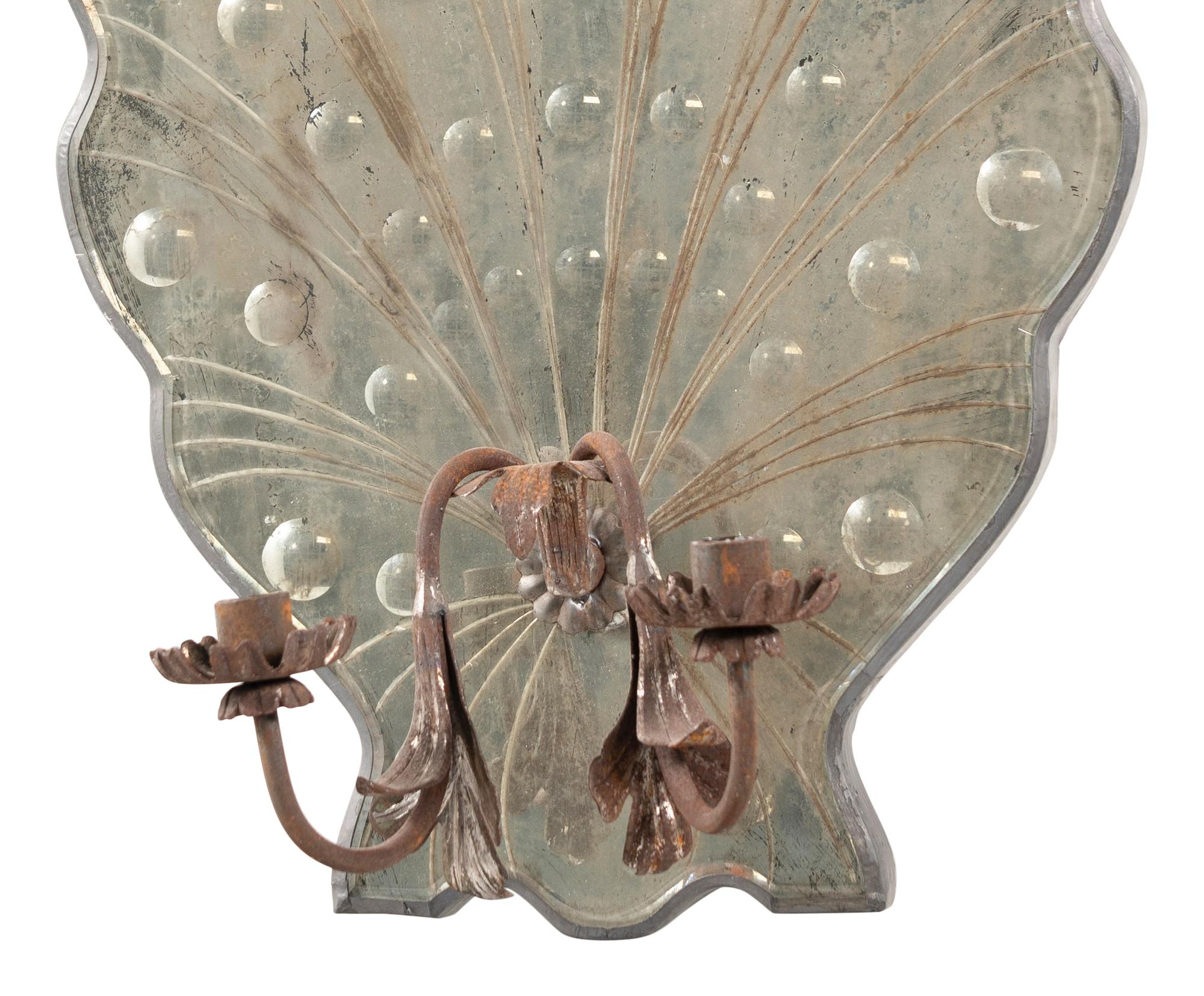 A Pair of Italian Mirrored and Wrought Iron Two-Light Sconces
