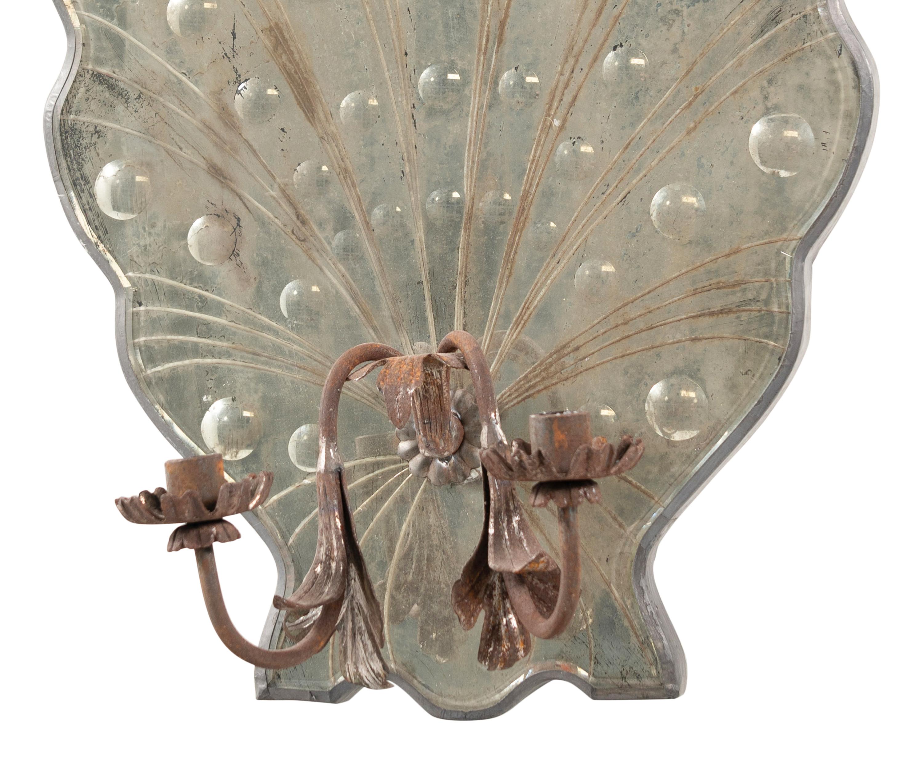A Pair of Italian Mirrored and Wrought Iron Two-Light Sconces
