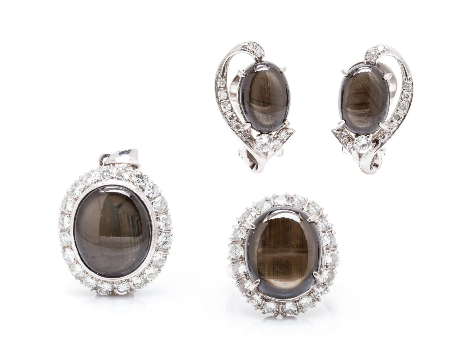 A White Gold, Black Star Sapphire and Diamond Parure, 16.70 dwts.